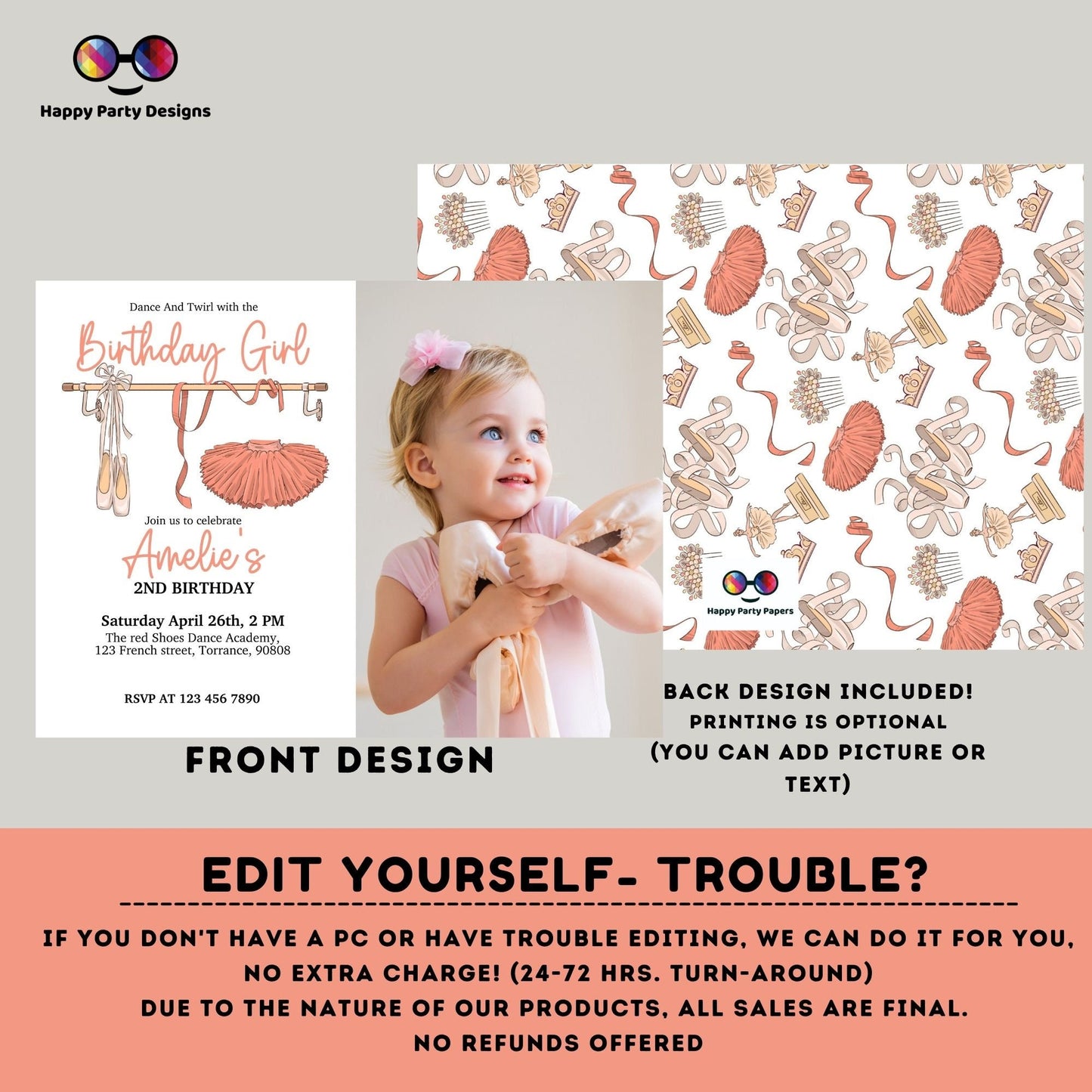 Tutu Birthday invitation with photo | Tutu Cute printable | Birthday girl | Birthday Invitation Ballerina Two-tu | Girl Party Invite #K219
