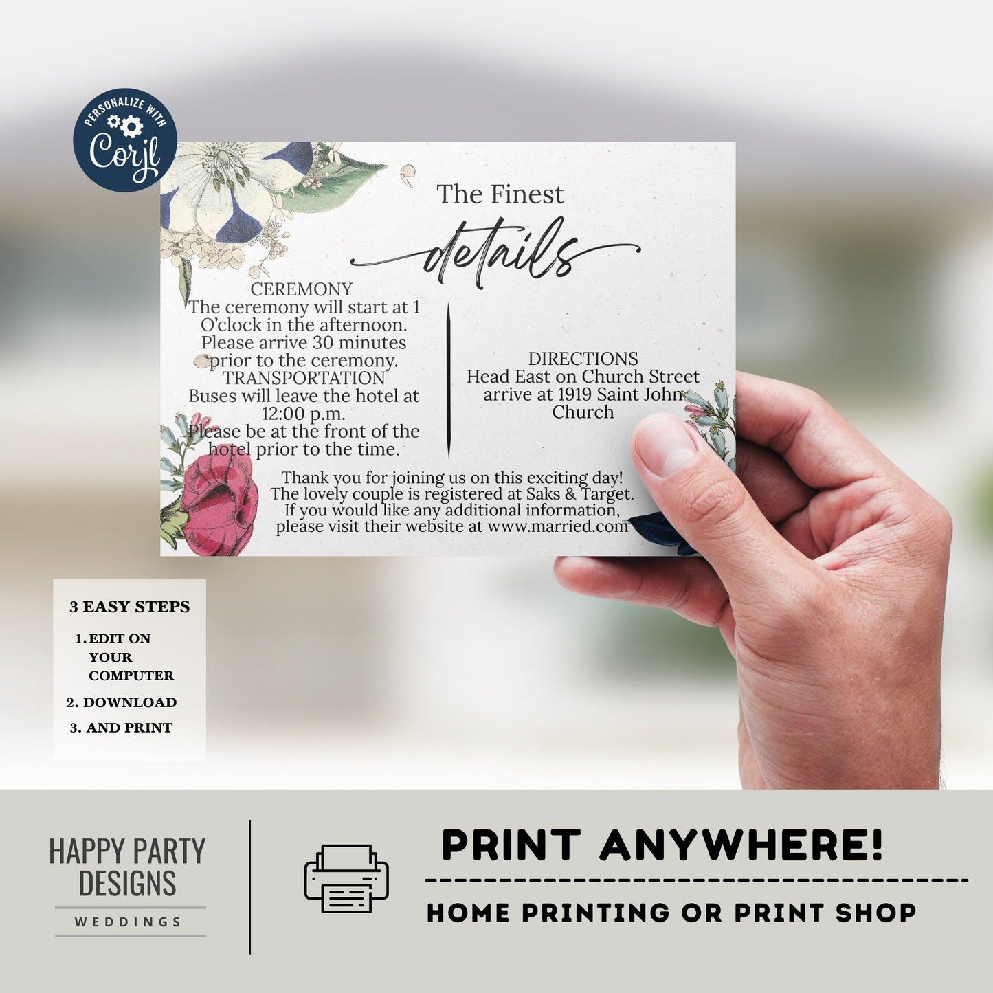 Editable Royal Blue Floral Invitation set | wedding invitation suite template | Burgundy floral Invitation bundle | details and RSVP #W19