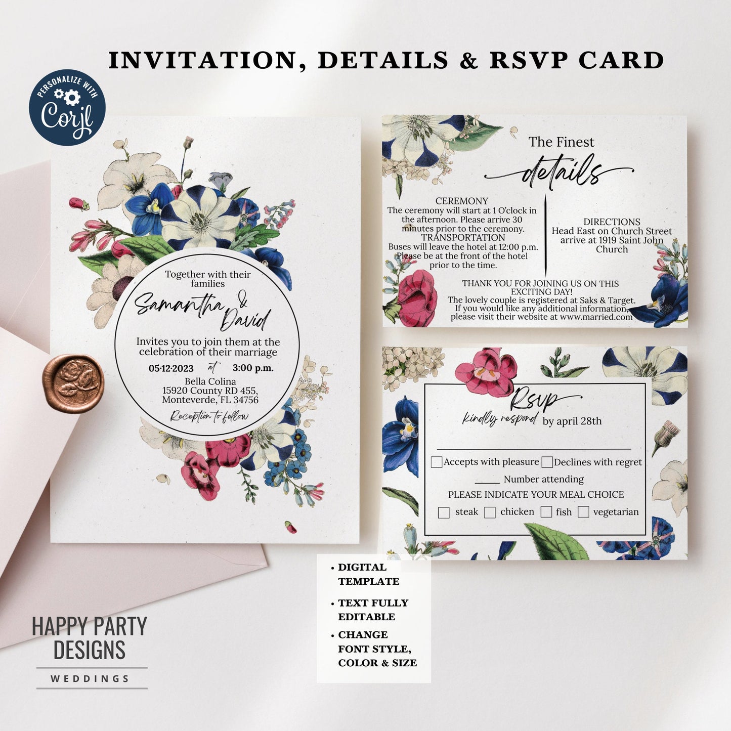 Editable Royal Blue Floral Invitation set | wedding invitation suite template | Burgundy floral Invitation bundle | details and RSVP #W19
