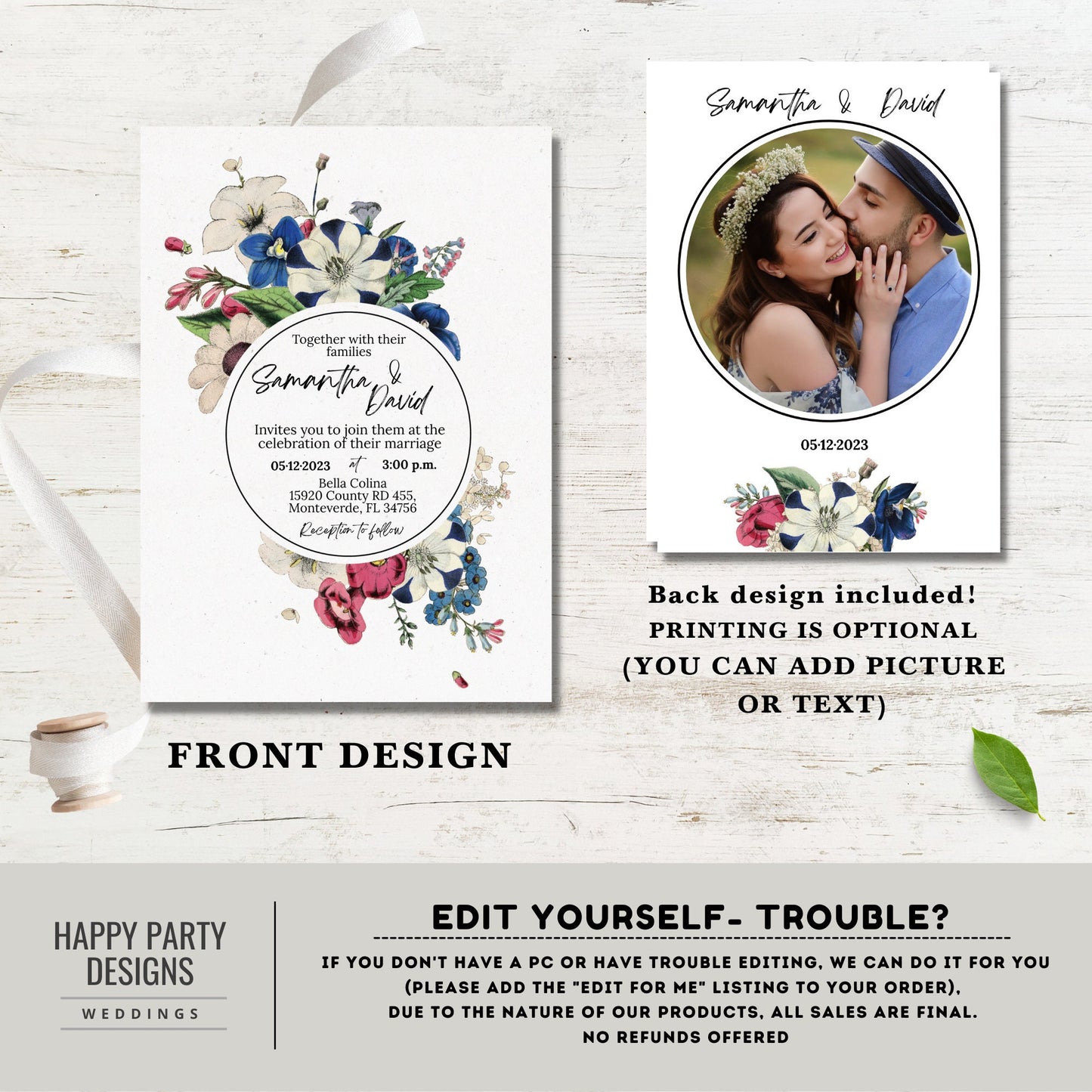 Editable Royal Blue Floral Invitation set | wedding invitation suite template | Burgundy floral Invitation bundle | details and RSVP #W19
