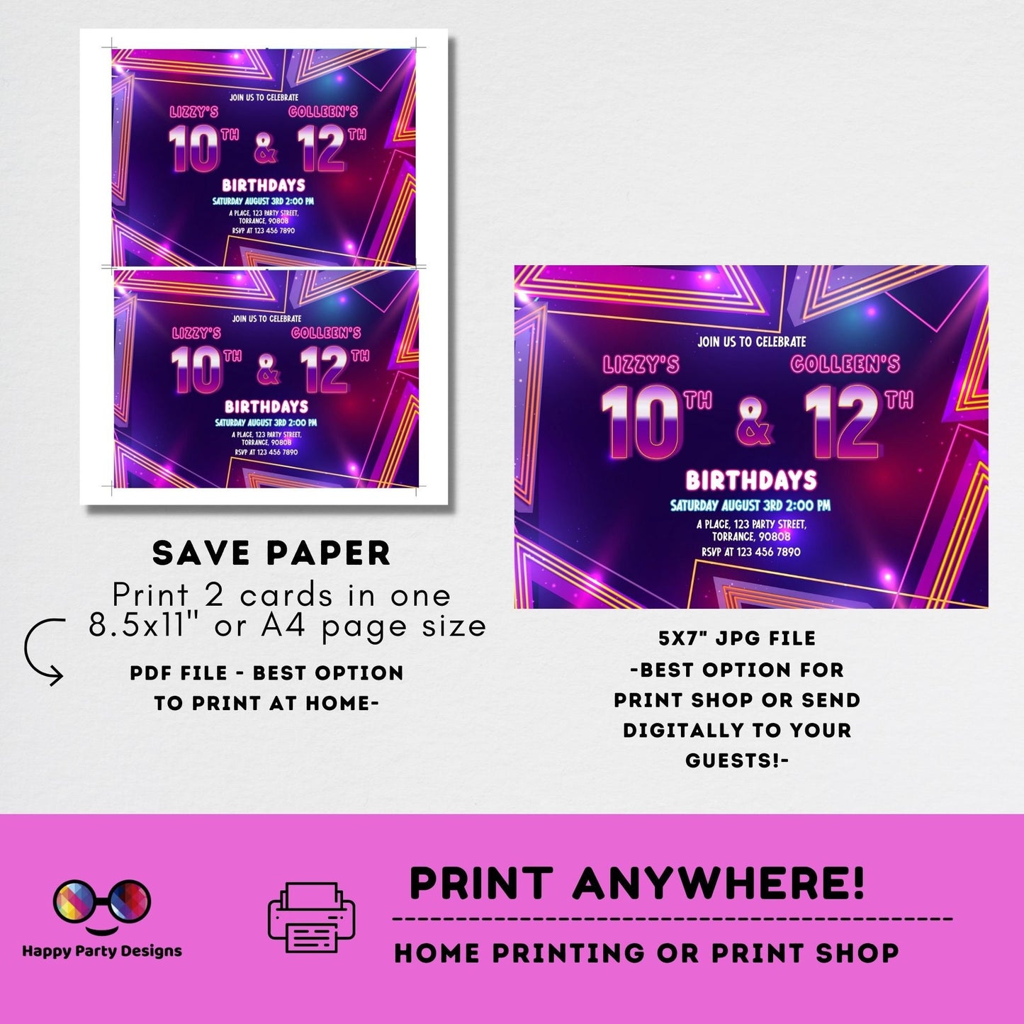 EDITABLE neon Sibling birthday invitations | any age! double birthday invitations | sibling party invitations | double party | girls #K186