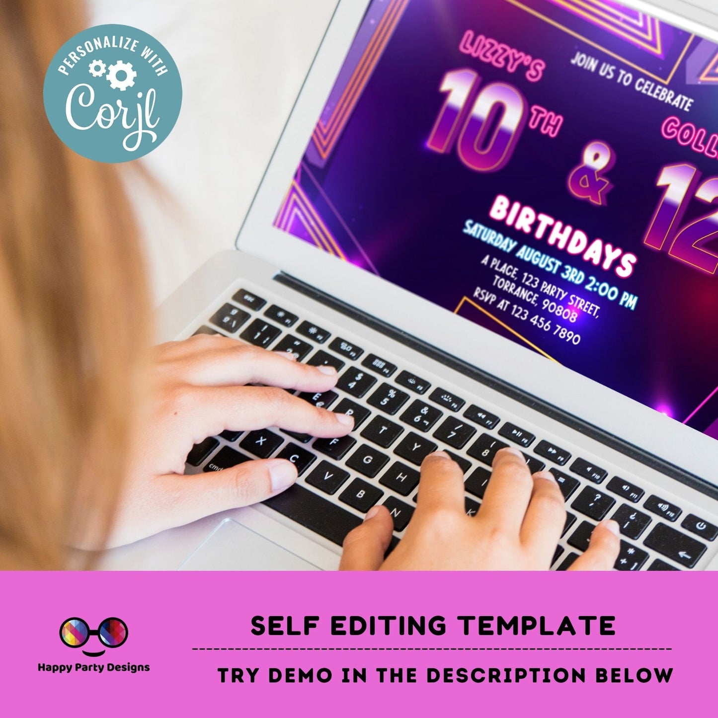 EDITABLE neon Sibling birthday invitations | any age! double birthday invitations | sibling party invitations | double party | girls #K186