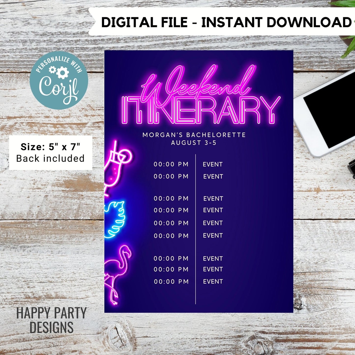Tropical Neon Bachelorette Editable Party Invitation Bundle | Bridal Party Invitation Template | Bachelorette Invite | Neon Palm leaves #W5