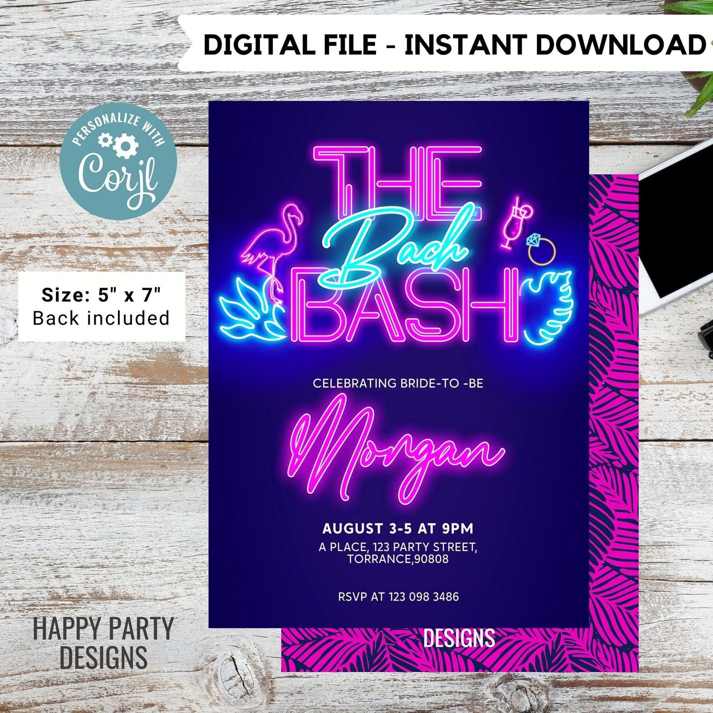 Tropical Neon Bachelorette Editable Party Invitation Bundle | Bridal Party Invitation Template | Bachelorette Invite | Neon Palm leaves #W5