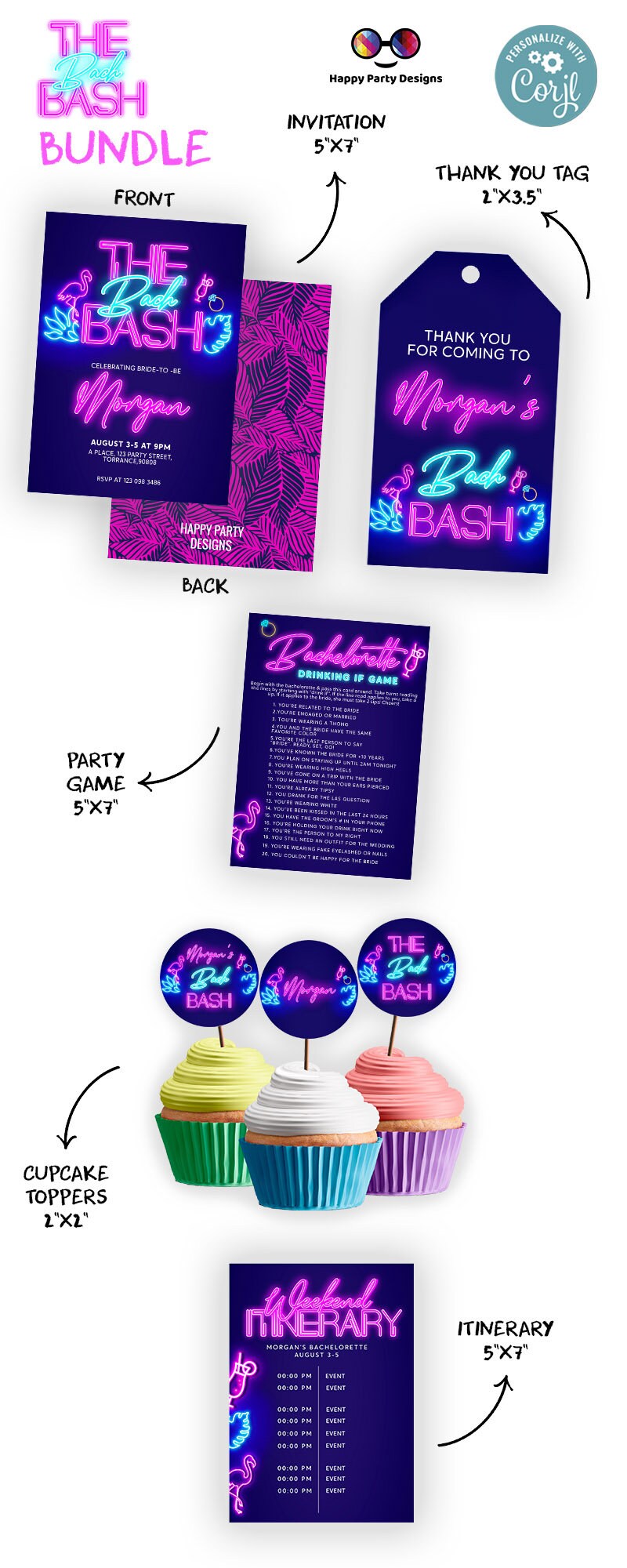 Tropical Neon Bachelorette Editable Party Invitation Bundle | Bridal Party Invitation Template | Bachelorette Invite | Neon Palm leaves #W5