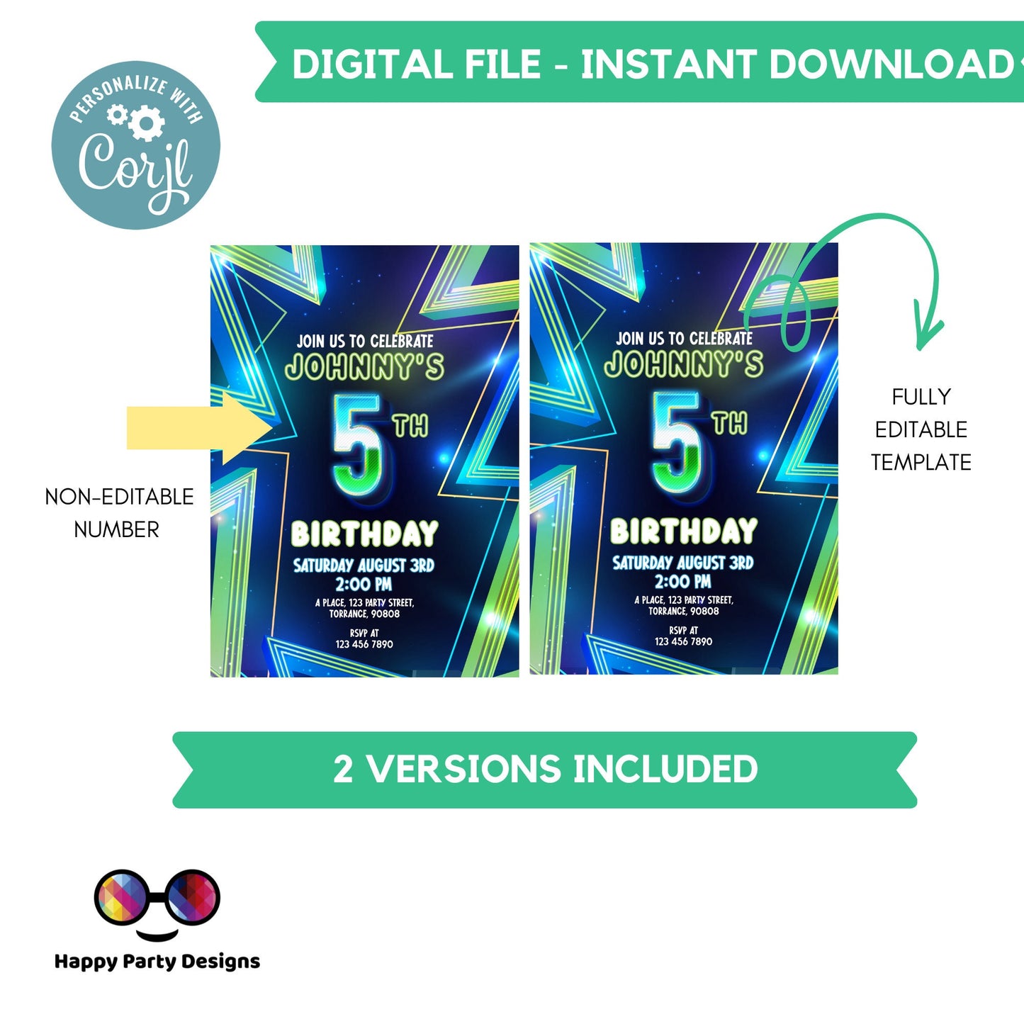 EDITABLE Boy 9th birthday invitation | Neon Glow in the dark Party | Birthday Boy | 9th Neon Green Blue Birthday | glow party #K185