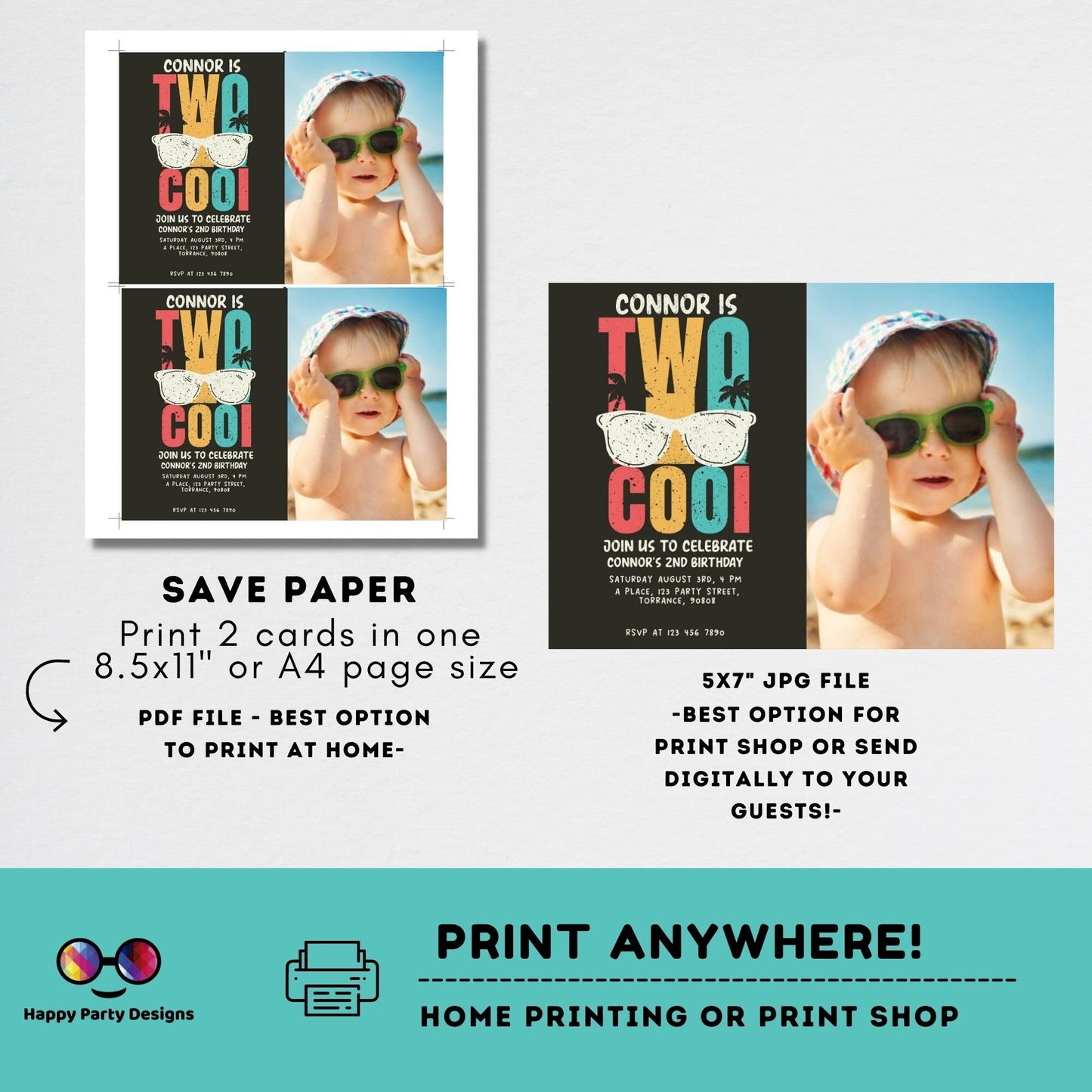 Editable Two Cool Birthday Invitation with photo | Boy Second Birthday Party | I'm Two Cool Sunglasses | 2nd birthday party #K220