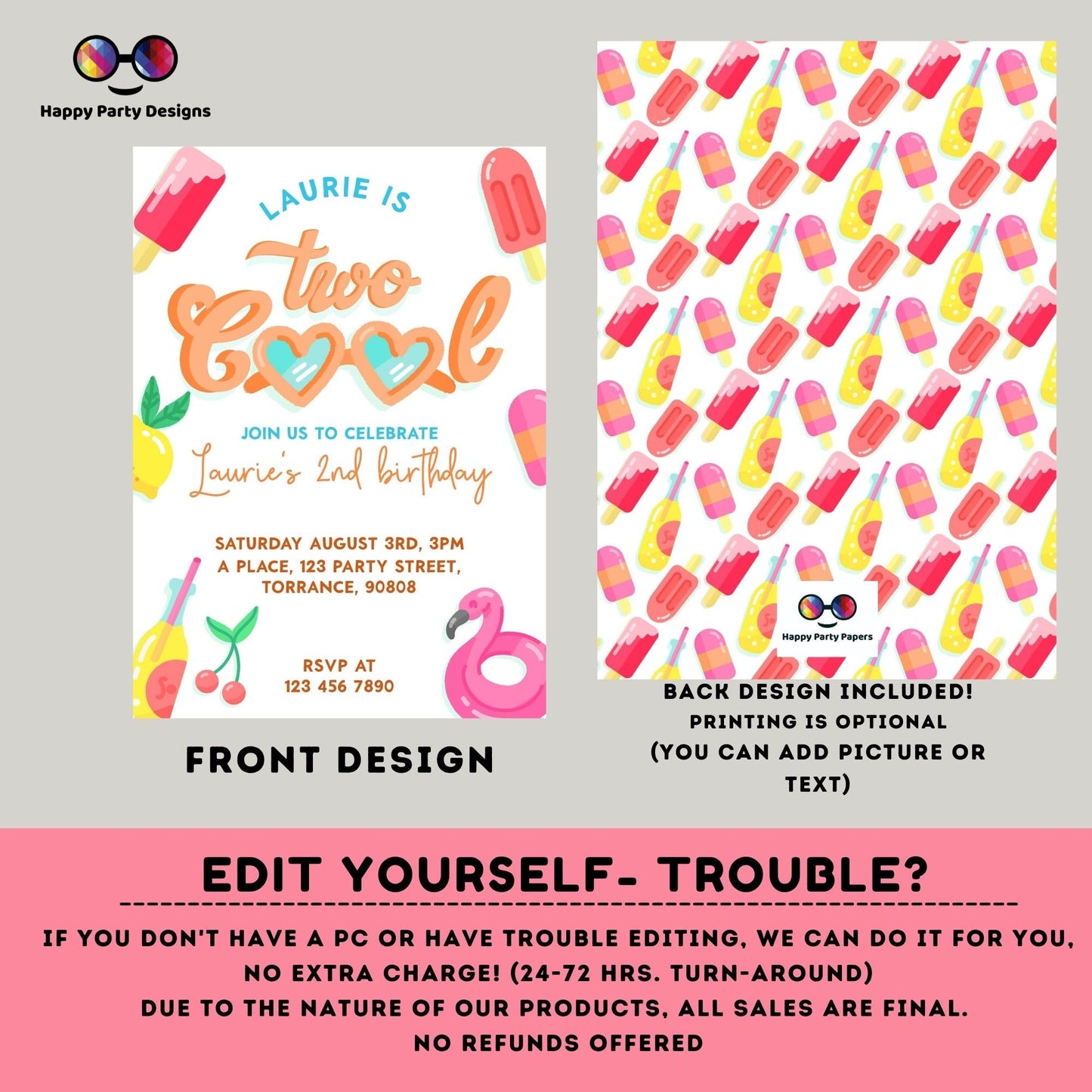 Editable Two Cool Birthday Invitation | girl Second Birthday Party | I'm Two Cool Sunglasses | 2nd birthday party | Edit Yourself #K220