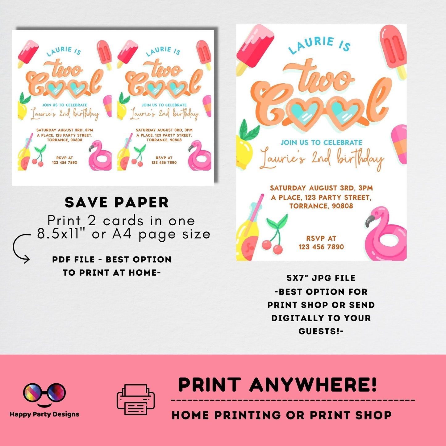 Editable Two Cool Birthday Invitation | girl Second Birthday Party | I'm Two Cool Sunglasses | 2nd birthday party | Edit Yourself #K220