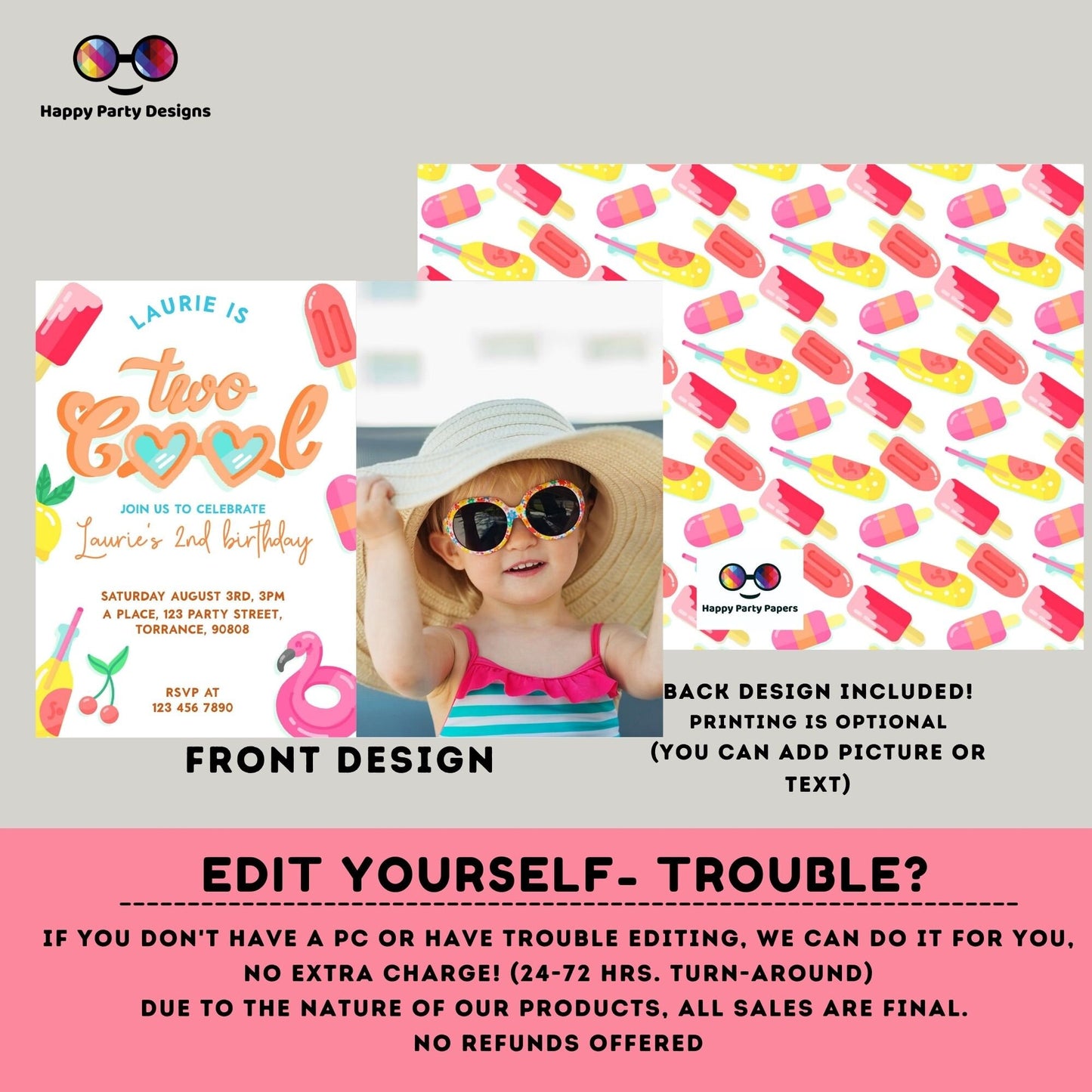 Editable Two Cool Birthday Invitation with photo | girl Second Birthday Party | I'm Two Cool Sunglasses | 2nd birthday party #K220