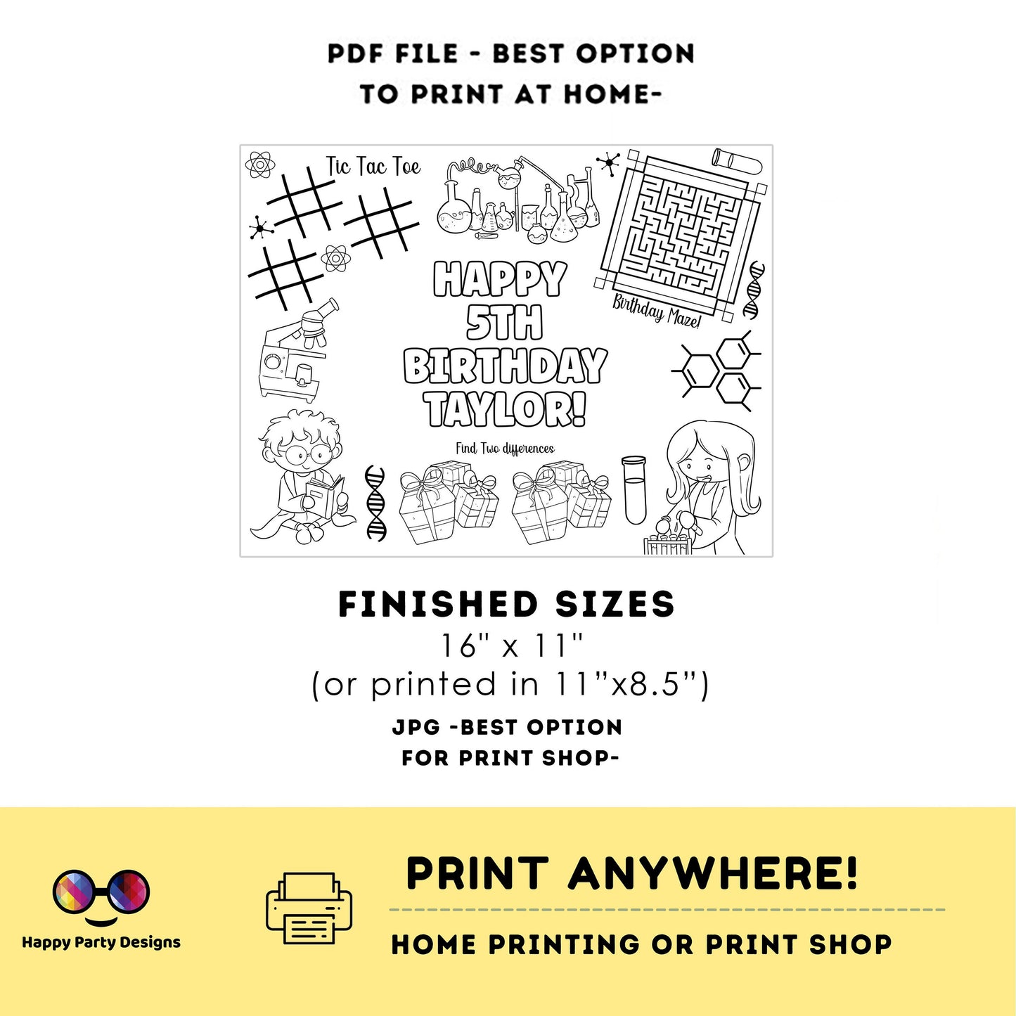 Editable Science coloring page | Mad scientist coloring page | Science party coloring page | Science kids birthday party | Any Age #K124