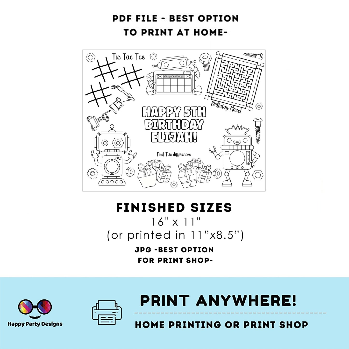Editable Robots Birthday coloring page | Placemat coloring page | Any Age | Robots birthday Party Activity | Robots bag filler #K163