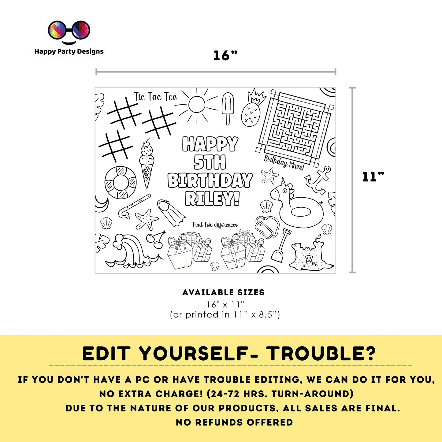 Editable summer coloring page | Placemat coloring page | Any Age | summer party | Pool Party summer Party Activity | #K97