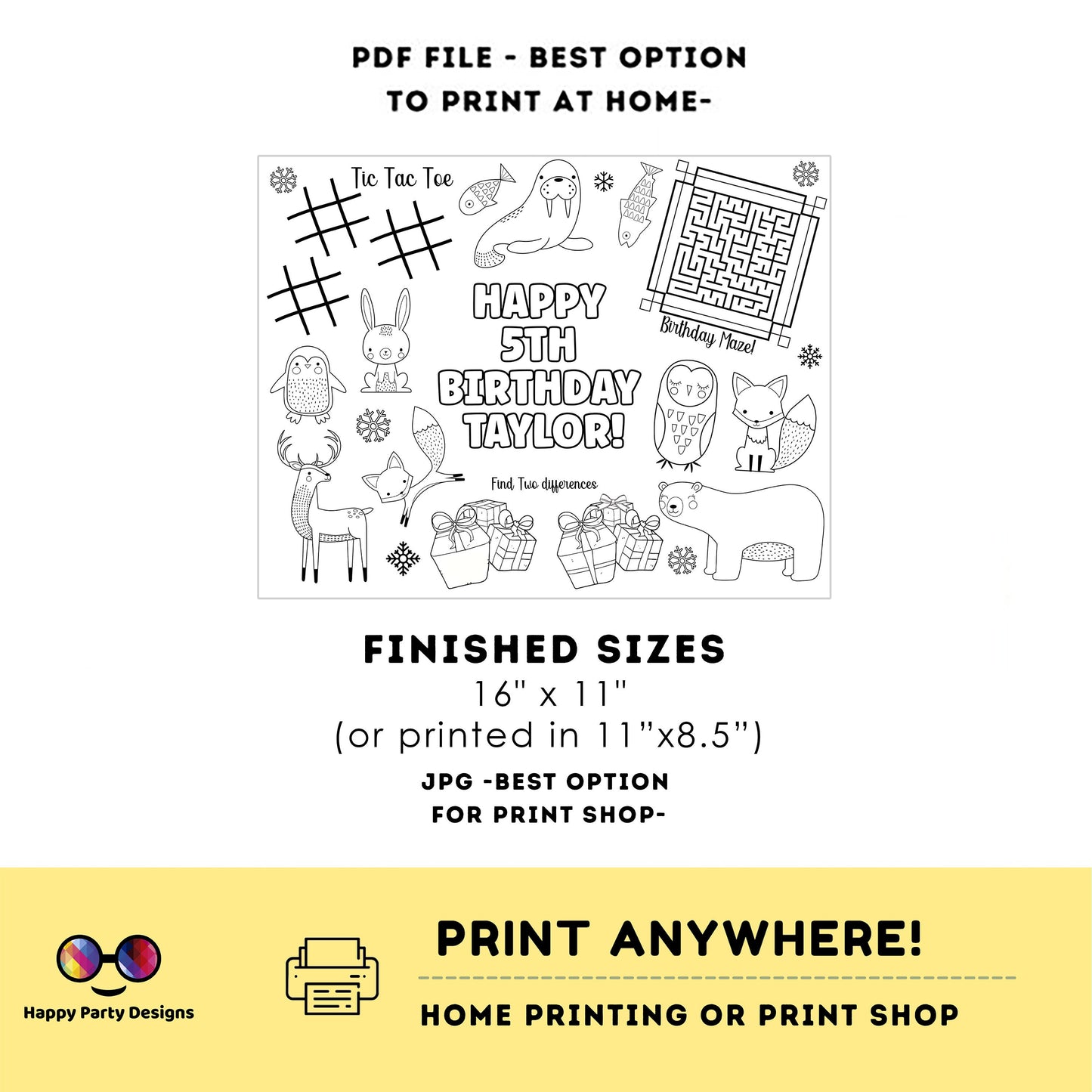 Editable Winter animals coloring page | Placemat coloring page | Any Age | Artic Animals birthday | Party Activity. #K115