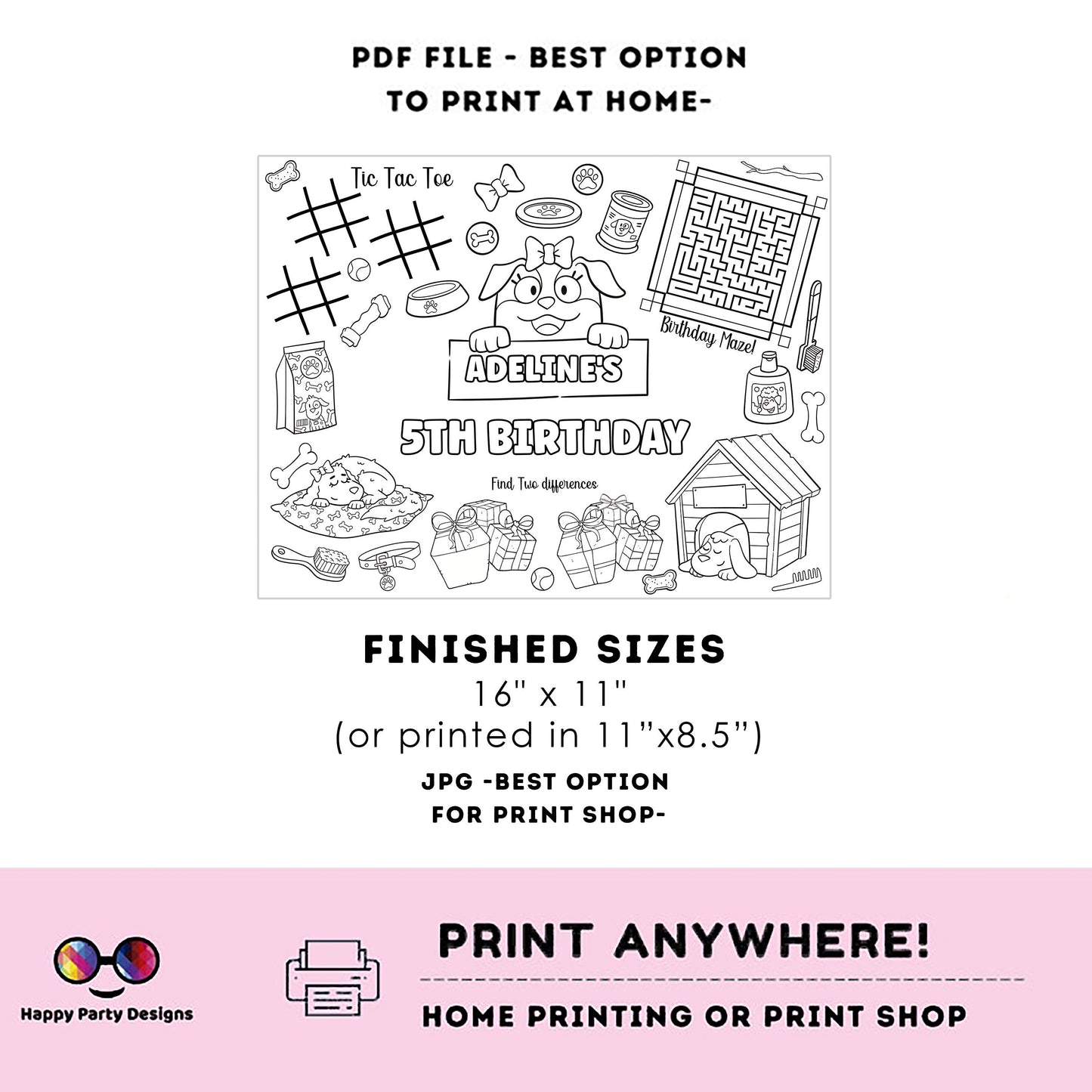 Editable Puppy Birthday coloring page | Placemat coloring page | Any Age | Puppy birthday Party Activity | Lets Pawty bag filler #K61