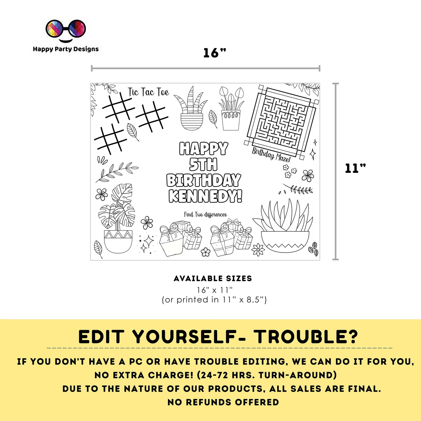 Editable plants Birthday coloring page | Placemat coloring page | Any Age | Succulents and cactus coloring page activity | bag filler #K154