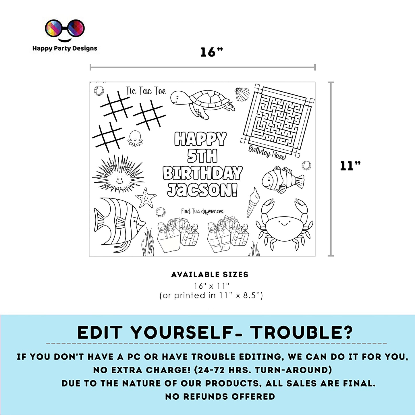 Editable Under the Sea coloring page | Placemat coloring page | Any Age Under The Sea birthday Games Under the Sea Party Activity Games #K93