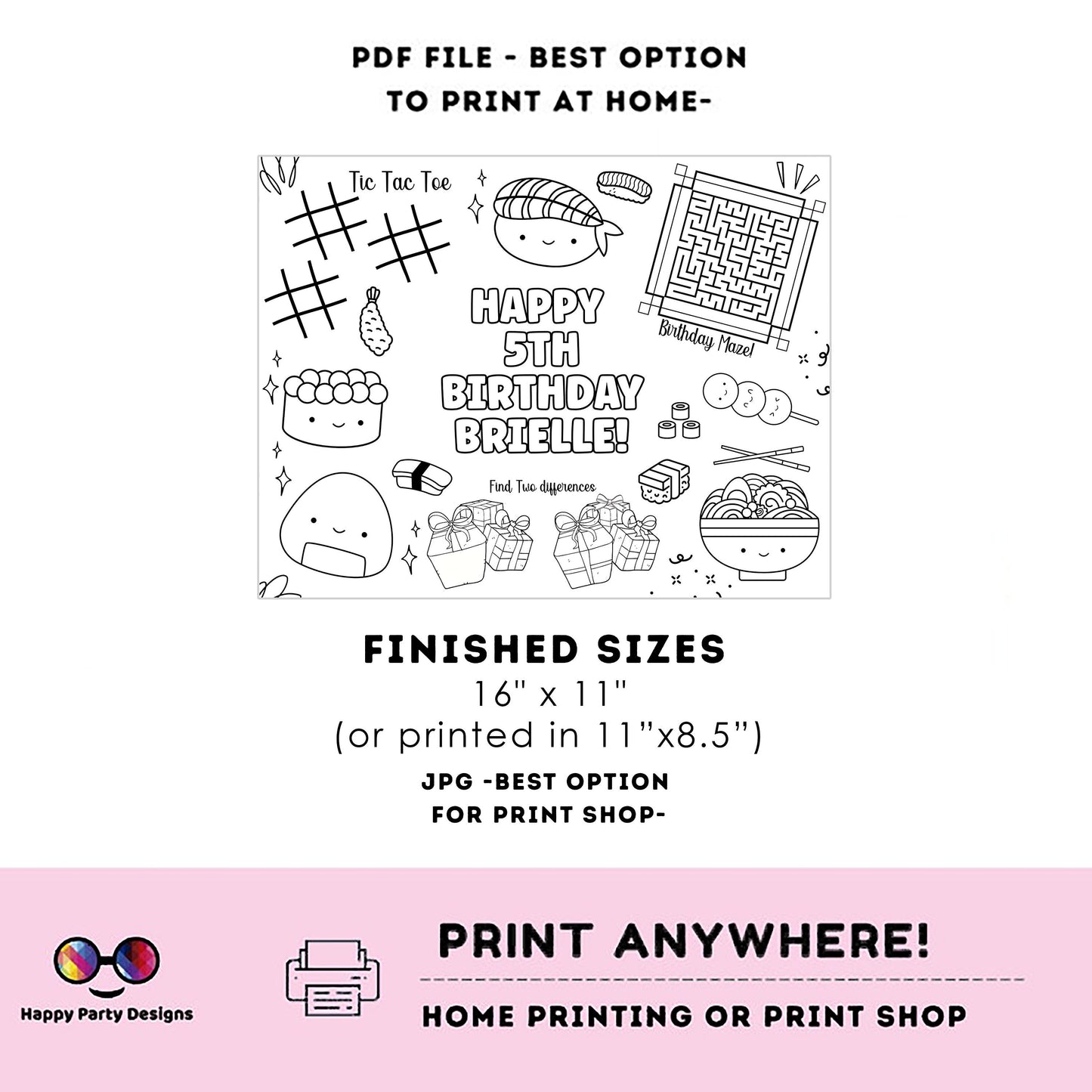 Editable Sushi coloring page | Placemat coloring page with games | Any Age | Cute Sushi birthday | Cute Sushi Party Activity | #K91