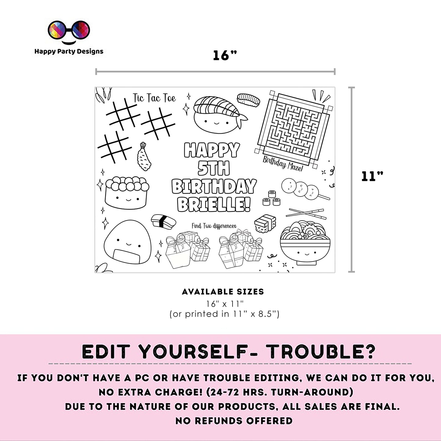 Editable Sushi coloring page | Placemat coloring page with games | Any Age | Cute Sushi birthday | Cute Sushi Party Activity | #K91