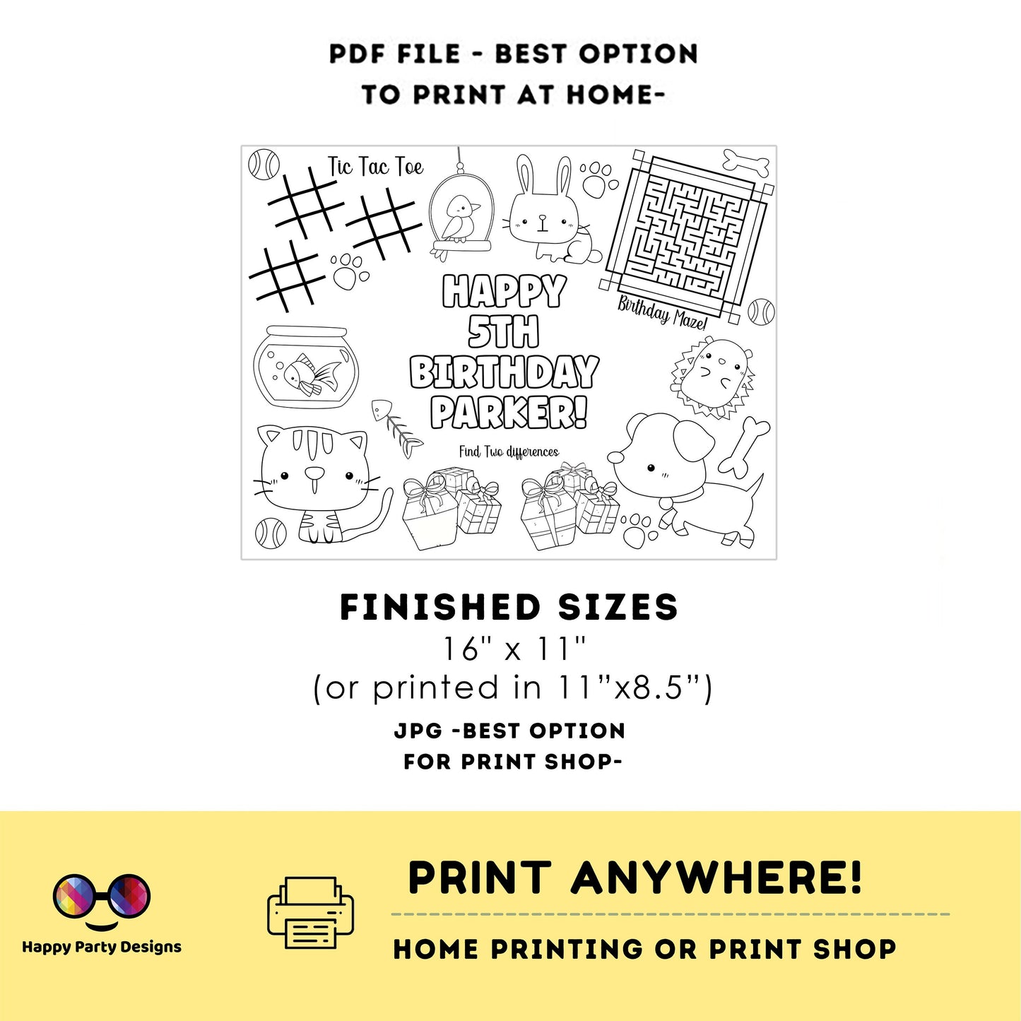 Editable pets Birthday coloring page | Placemat coloring page | Any Age | Pets party coloring page activity | Cute Pets bag filler #K159