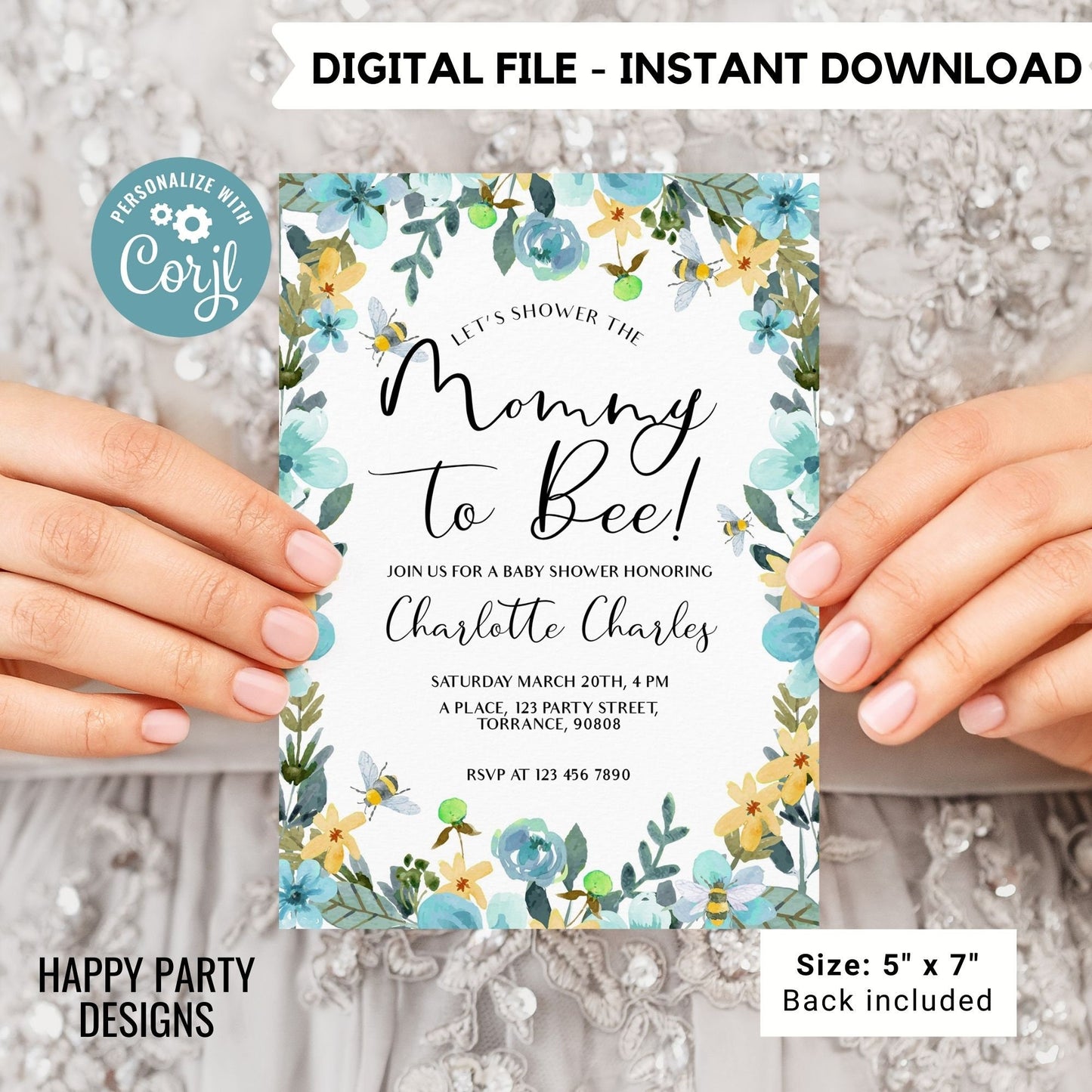 Mommy to be Shower Invitation Template | Editable Baby Shower | Baby boy Invitation | Floral Printable Invitation | Blue flowers #B43