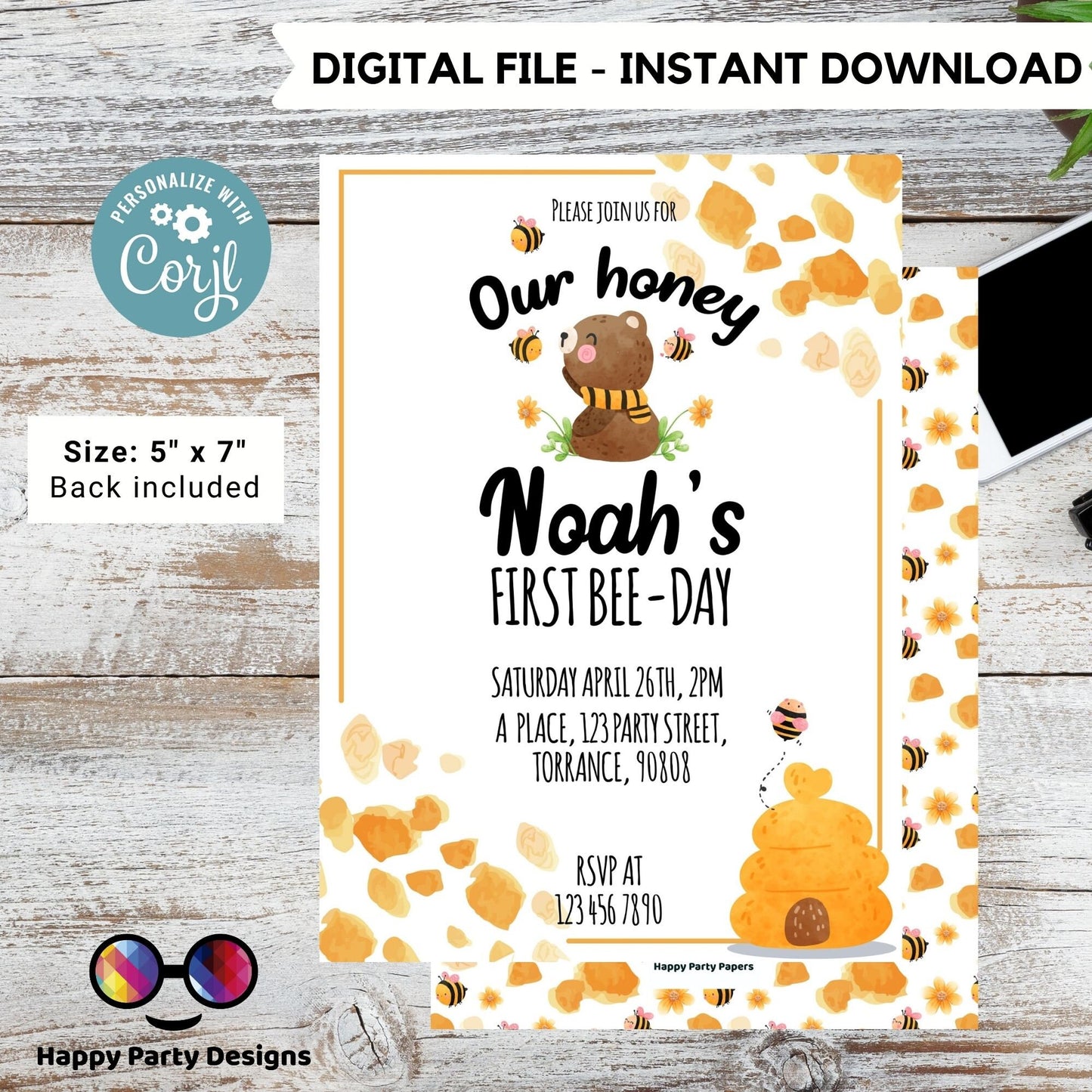 Our honey 1st Bee-Day party invitation template | First Birthday | bee neutral birthday invitation | bee birthday party invitation #K221