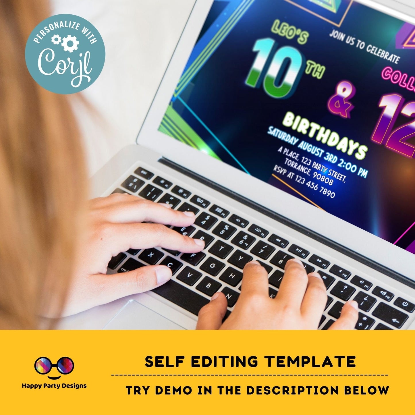 EDITABLE neon Sibling birthday invitations | any age! double birthday invitations | sibling party | double party | boy and girl #K240