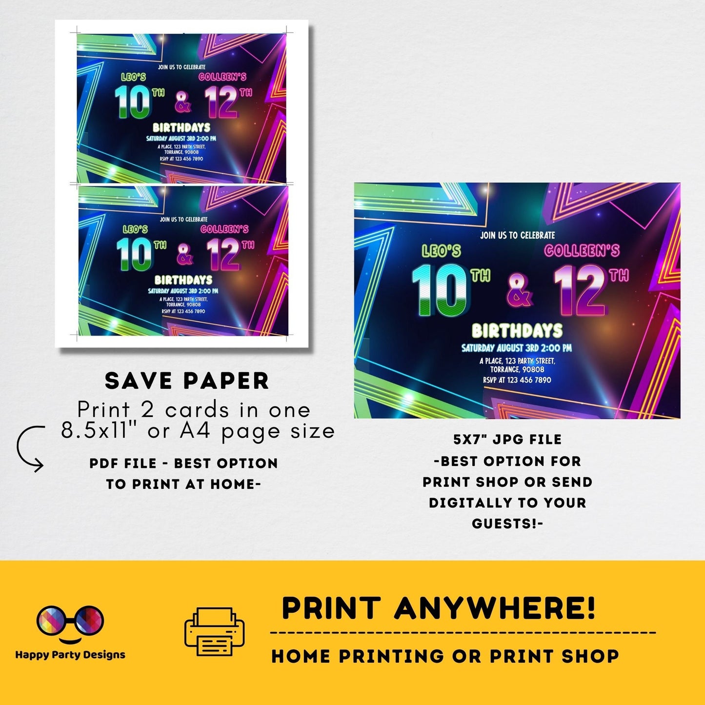 EDITABLE neon Sibling birthday invitations | any age! double birthday invitations | sibling party | double party | boy and girl #K240