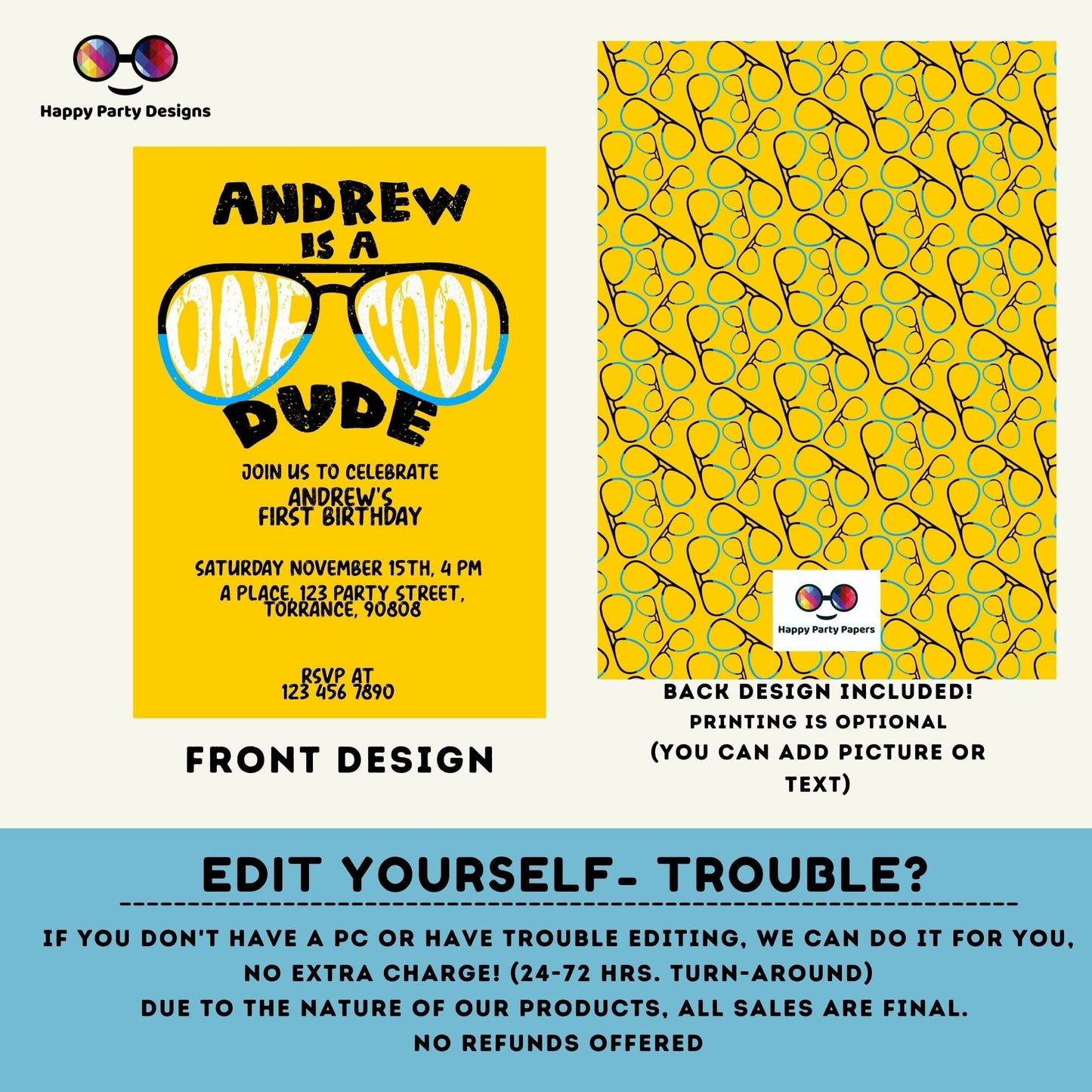 Editable One Cool dude Birthday Invitation | Boy First Birthday Party | Cool Sunglasses | 1st birthday party | Edit Yourself #K223