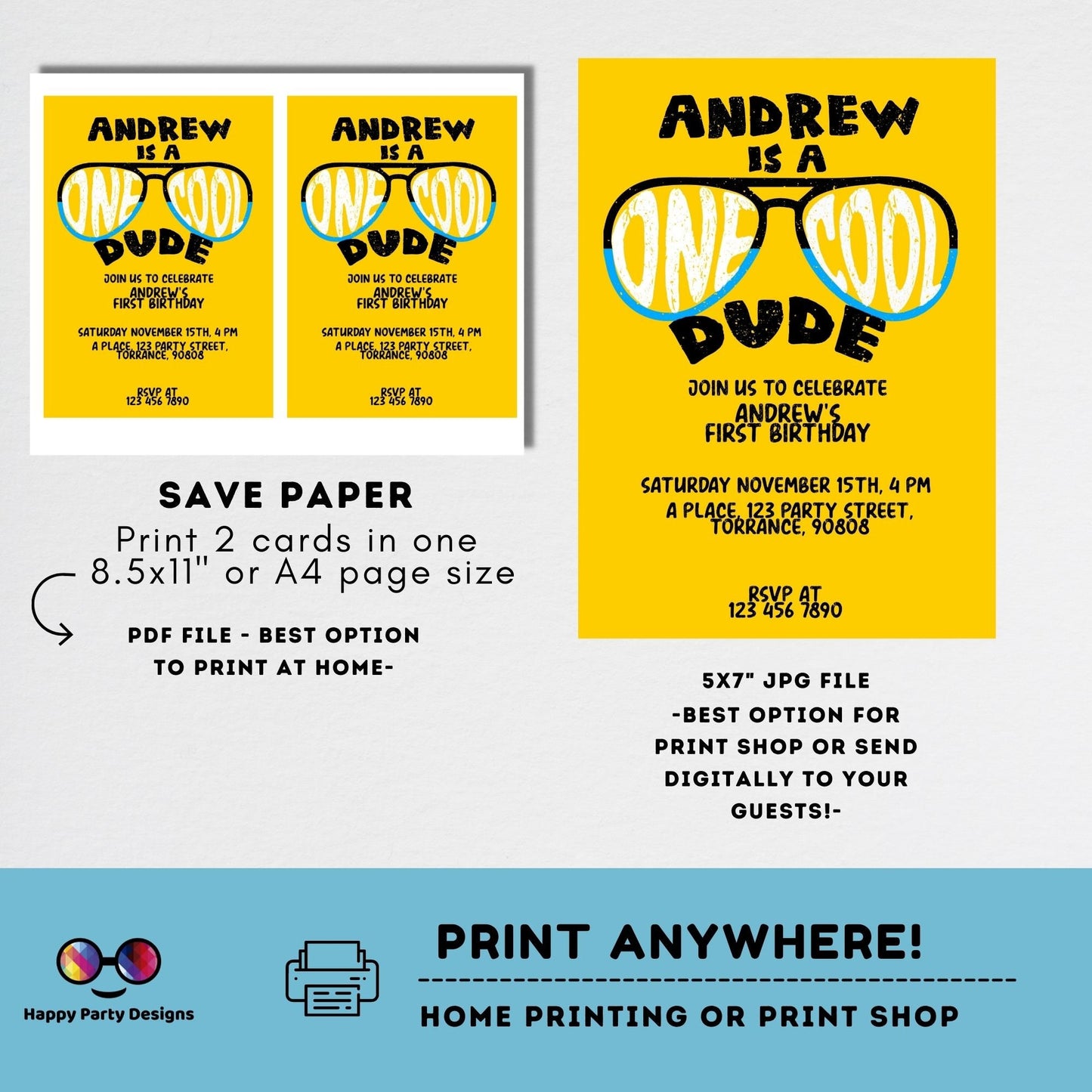 Editable One Cool dude Birthday Invitation | Boy First Birthday Party | Cool Sunglasses | 1st birthday party | Edit Yourself #K223