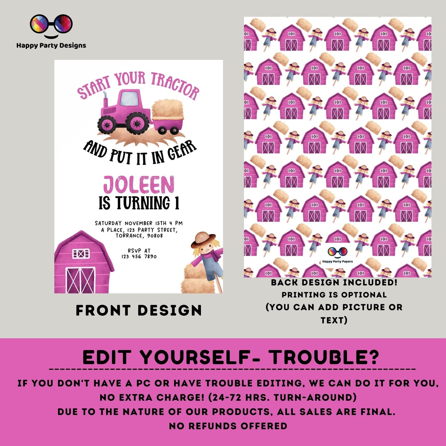 Girl Tractor Birthday Party Invitation Editable Farm Birthday Invitation Girl | Barnyard | any age | Girl pink Tractor Birthday #K242