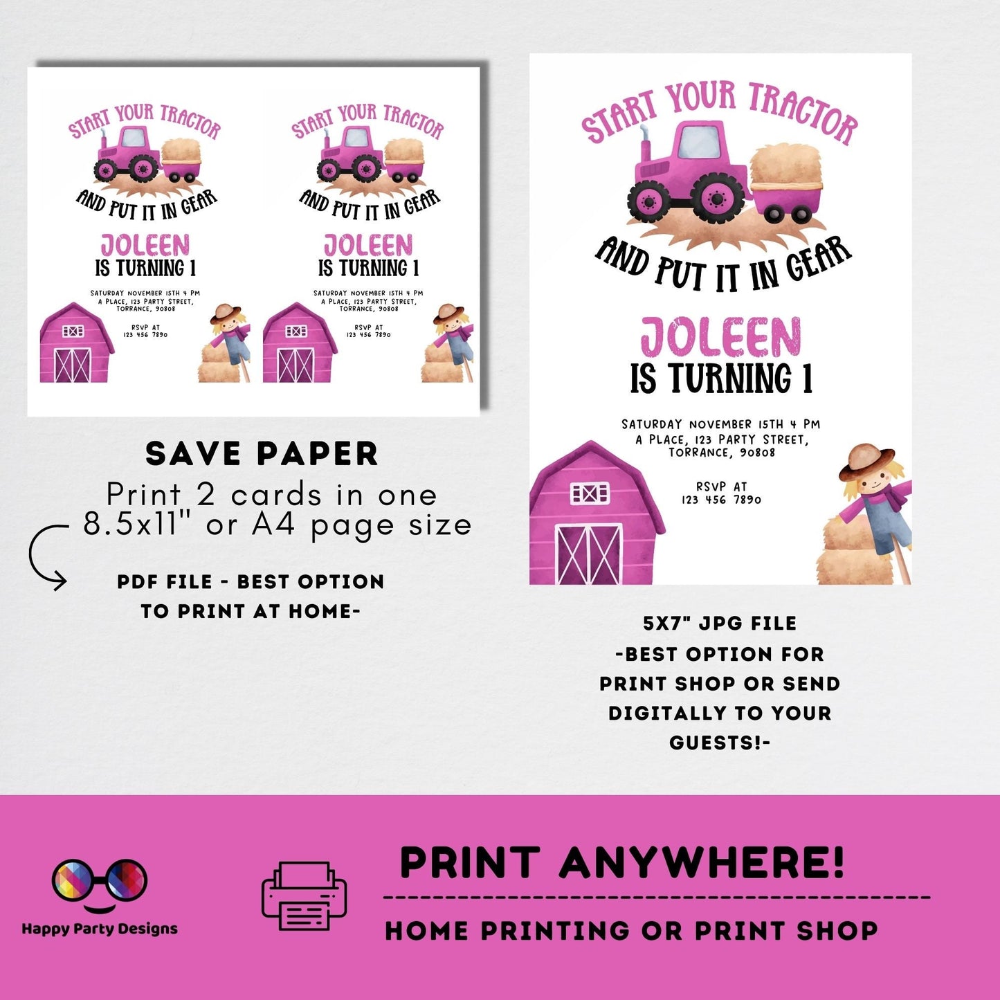 Girl Tractor Birthday Party Invitation Editable Farm Birthday Invitation Girl | Barnyard | any age | Girl pink Tractor Birthday #K242