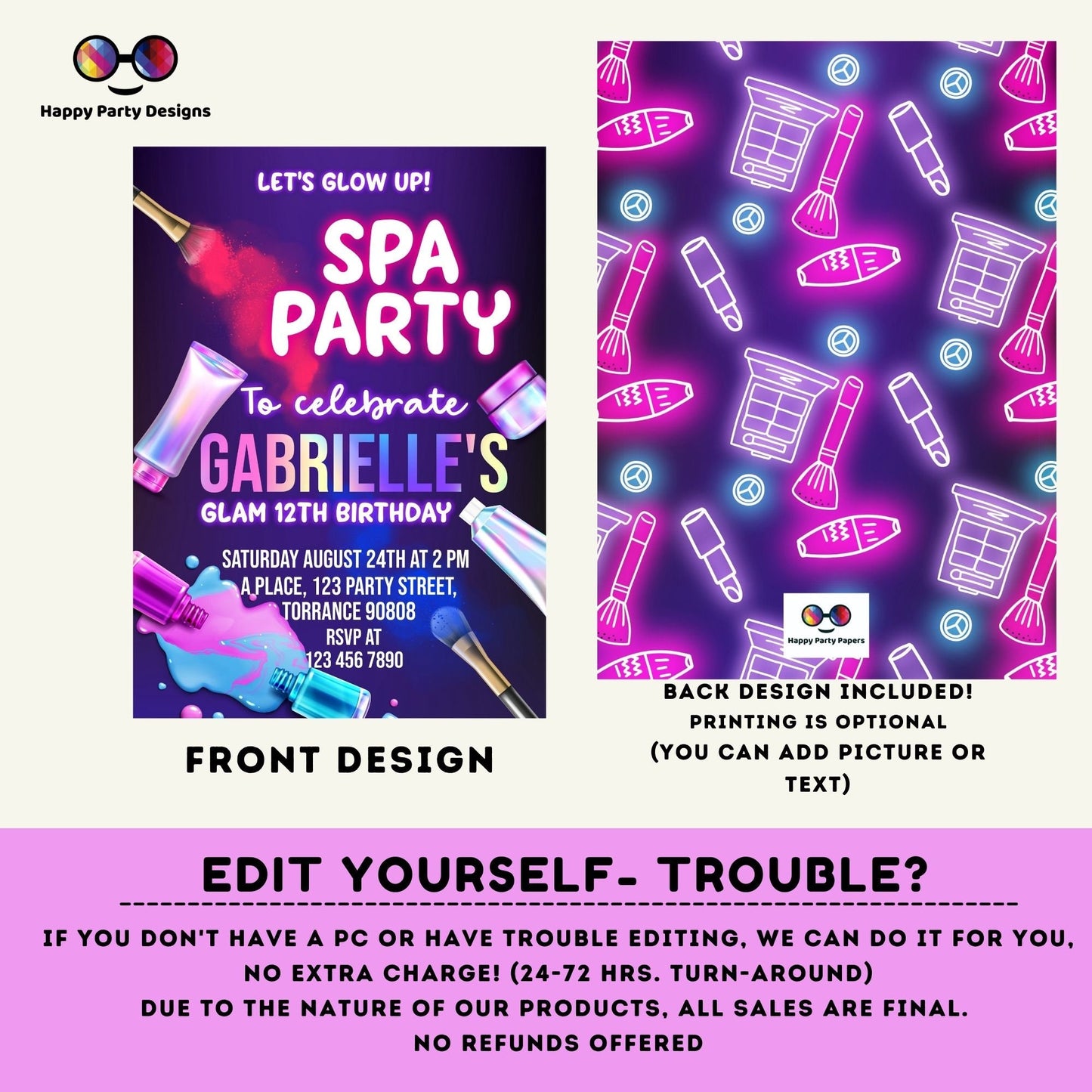 Editable neon Spa party | girls spa birthday party invitation editable template | Birthday girl | glam makeup & nails spa party #K226
