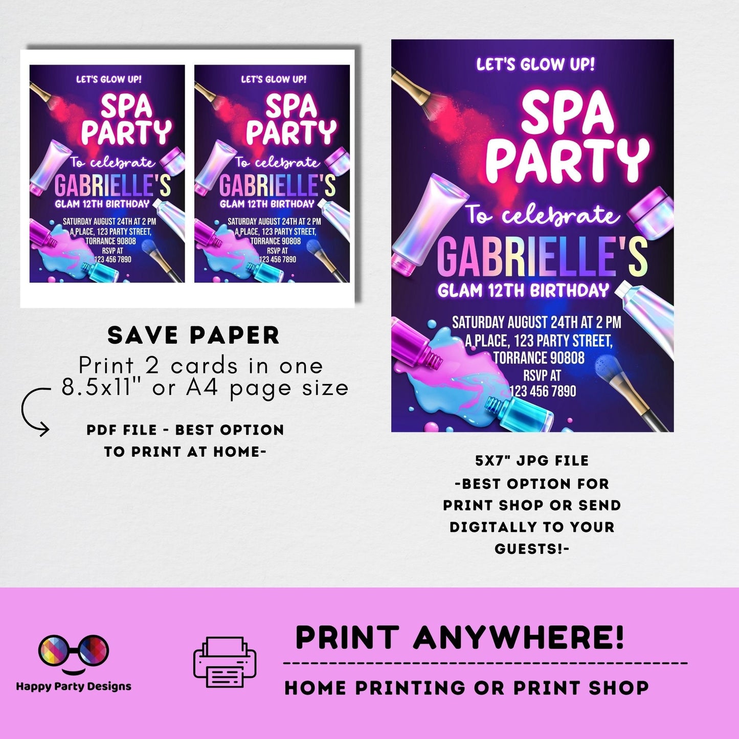 Editable neon Spa party | girls spa birthday party invitation editable template | Birthday girl | glam makeup & nails spa party #K226