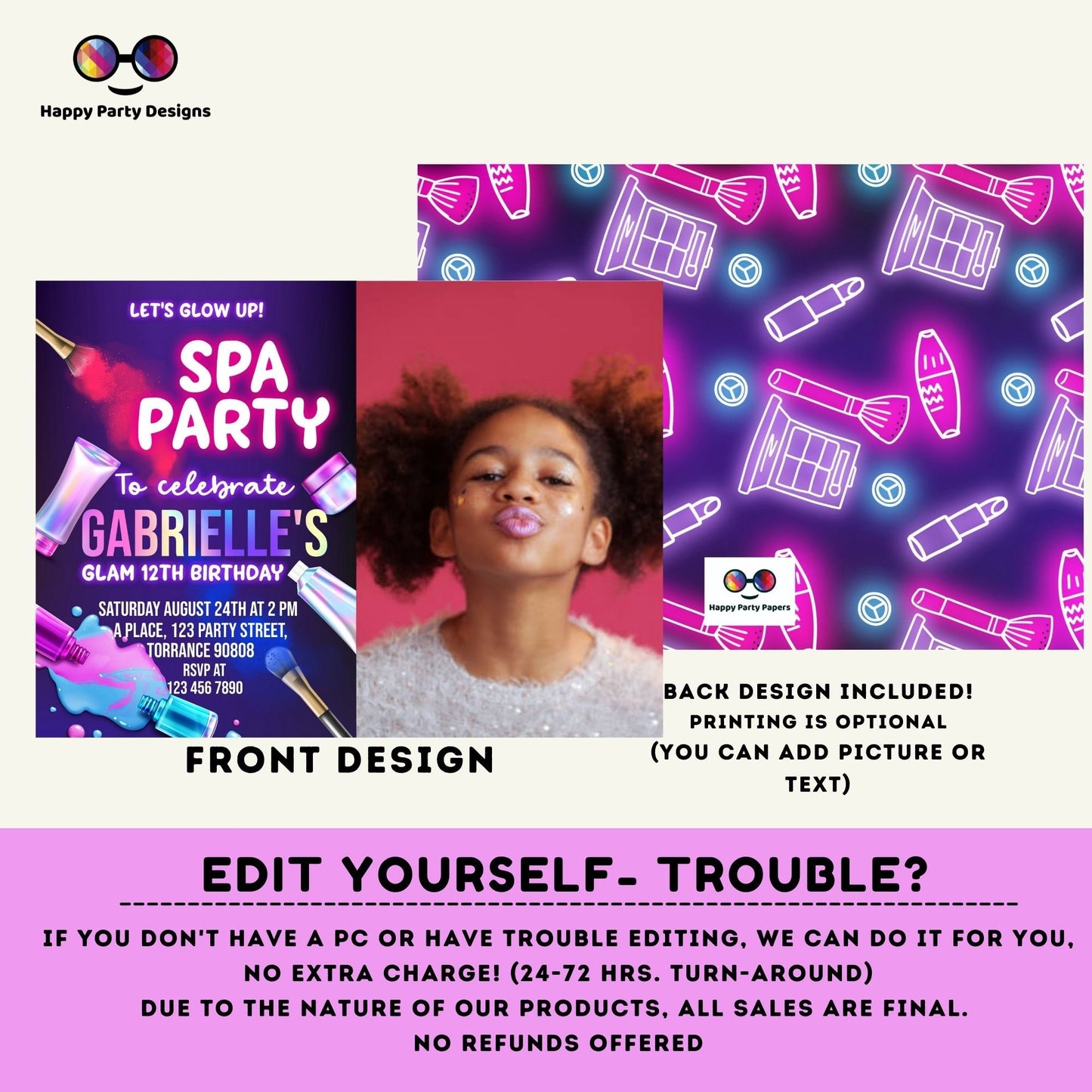 Editable neon Spa party with photo | girls spa birthday party editable template | Birthday girl | glam makeup & nails spa party #K226