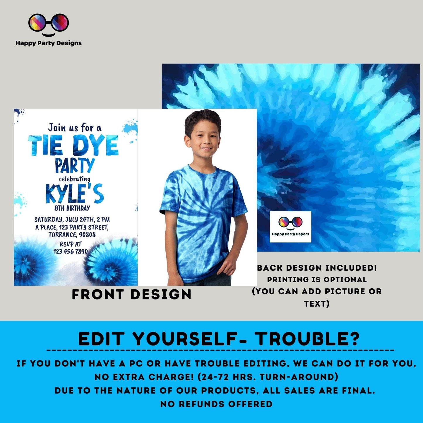 Editable Tie Dye Invitation with photo | Blue Tie Dye Birthday Invitations | Editable Tie Dye Party Invite | Printable Tie-Dye #K228