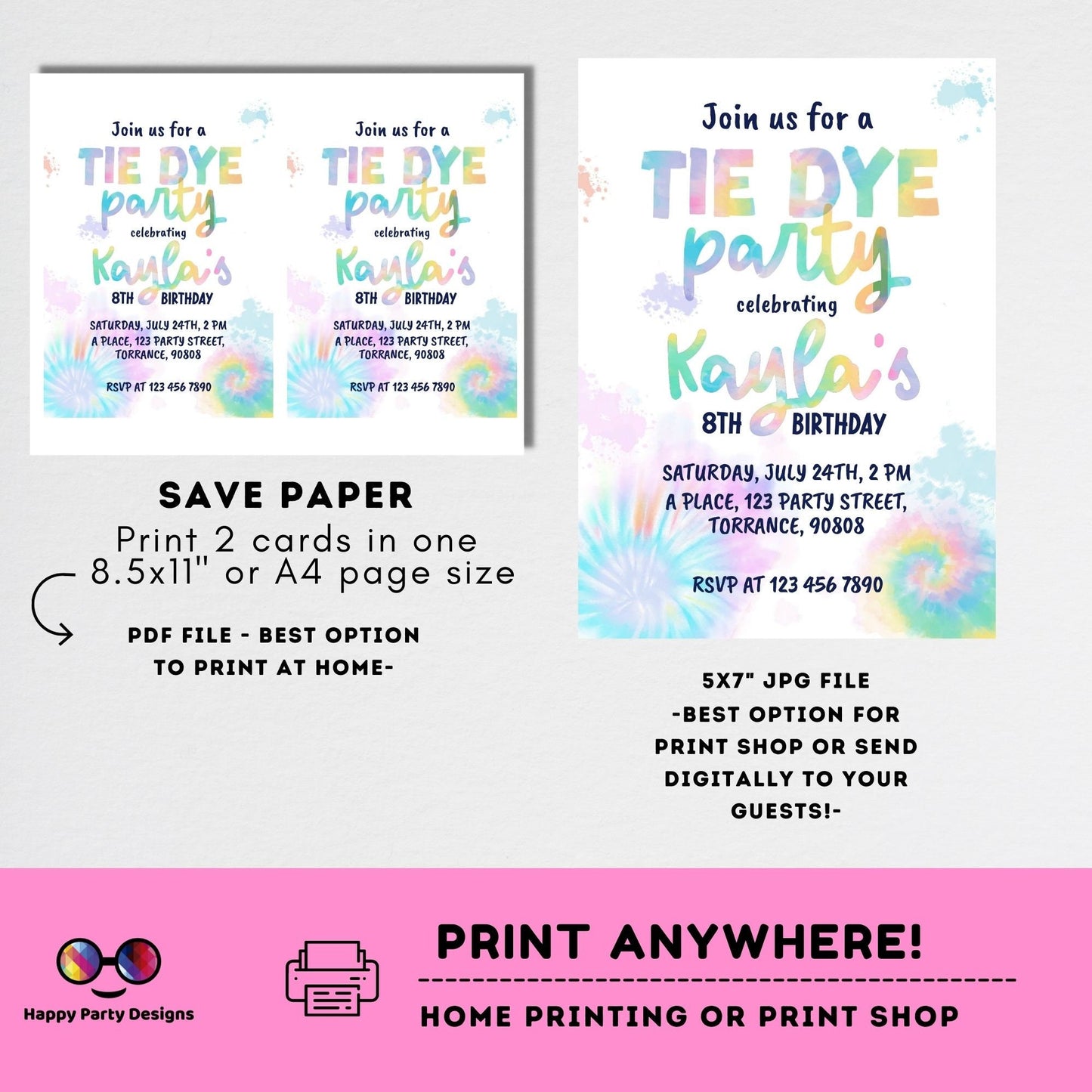 Editable Tie Dye Invitation Instant Download | Pink Tie Dye Birthday Invitations | Editable Tie Dye Party Invite | Printable Tie-Dye #K228