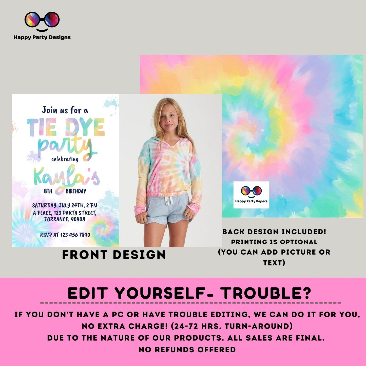 Editable Tie Dye Invitation with photo | Pink Tie Dye Birthday Invitations | Editable Tie Dye Party Invite | Printable Tie-Dye #K228
