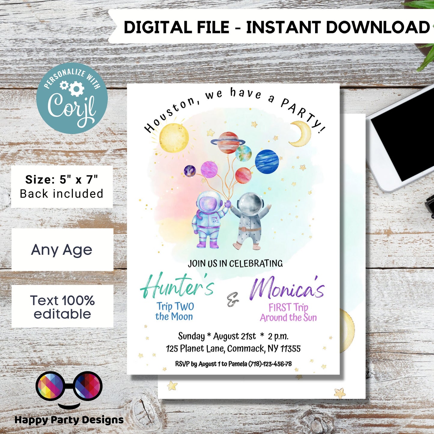 Editable Siblings Outer Space First Birthday Invitation | Galaxy Blast Off First Trip Around the Sun | Space Download Printable Template #K5