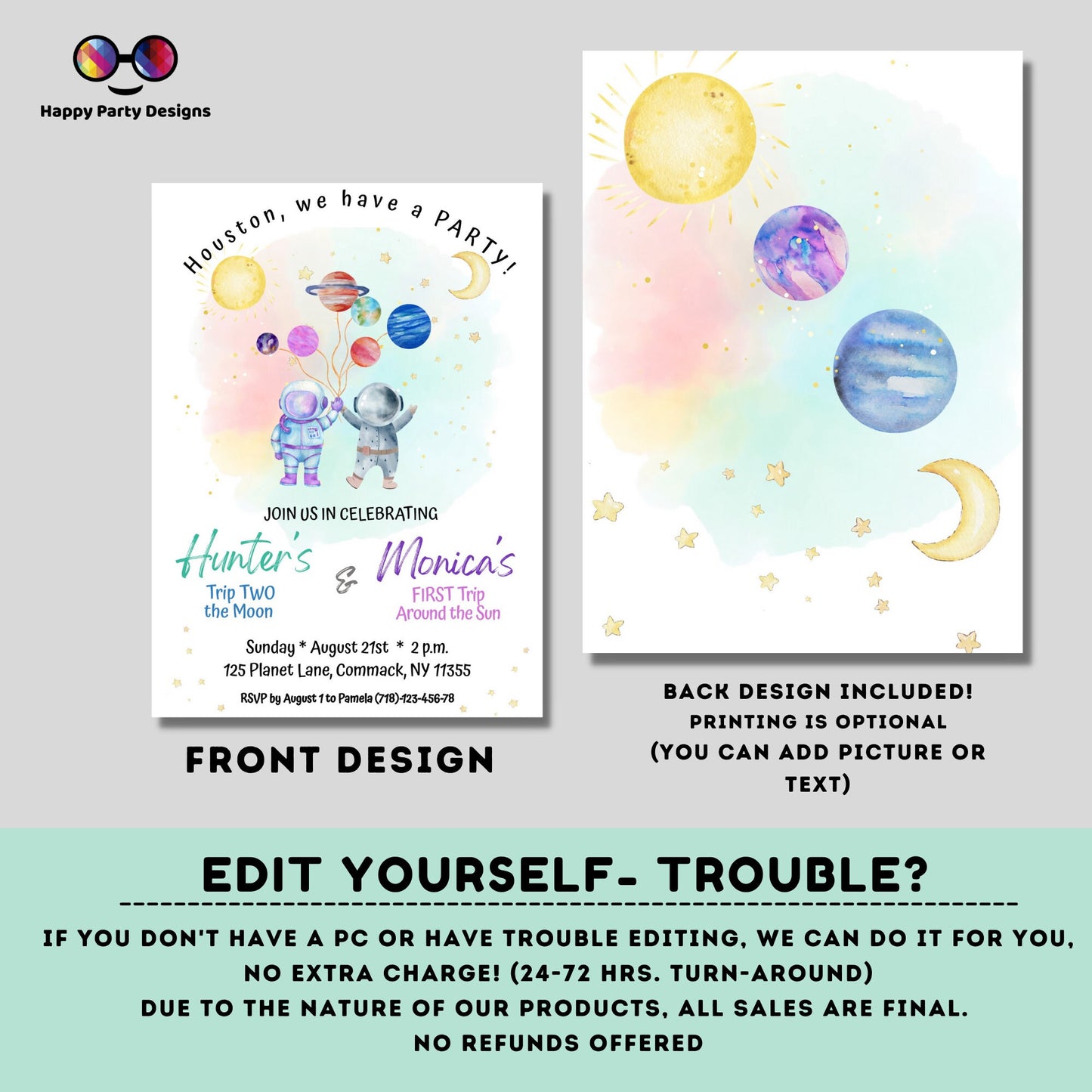 Editable Siblings Outer Space First Birthday Invitation | Galaxy Blast Off First Trip Around the Sun | Space Download Printable Template #K5