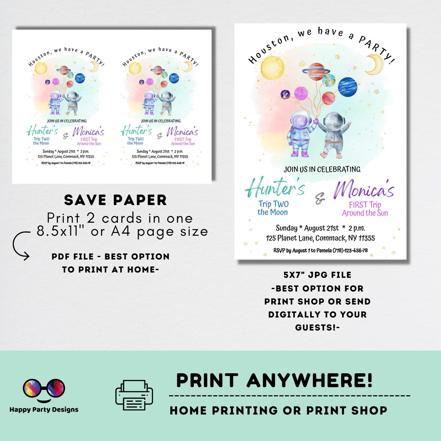 Editable Siblings Outer Space First Birthday Invitation | Galaxy Blast Off First Trip Around the Sun | Space Download Printable Template #K5
