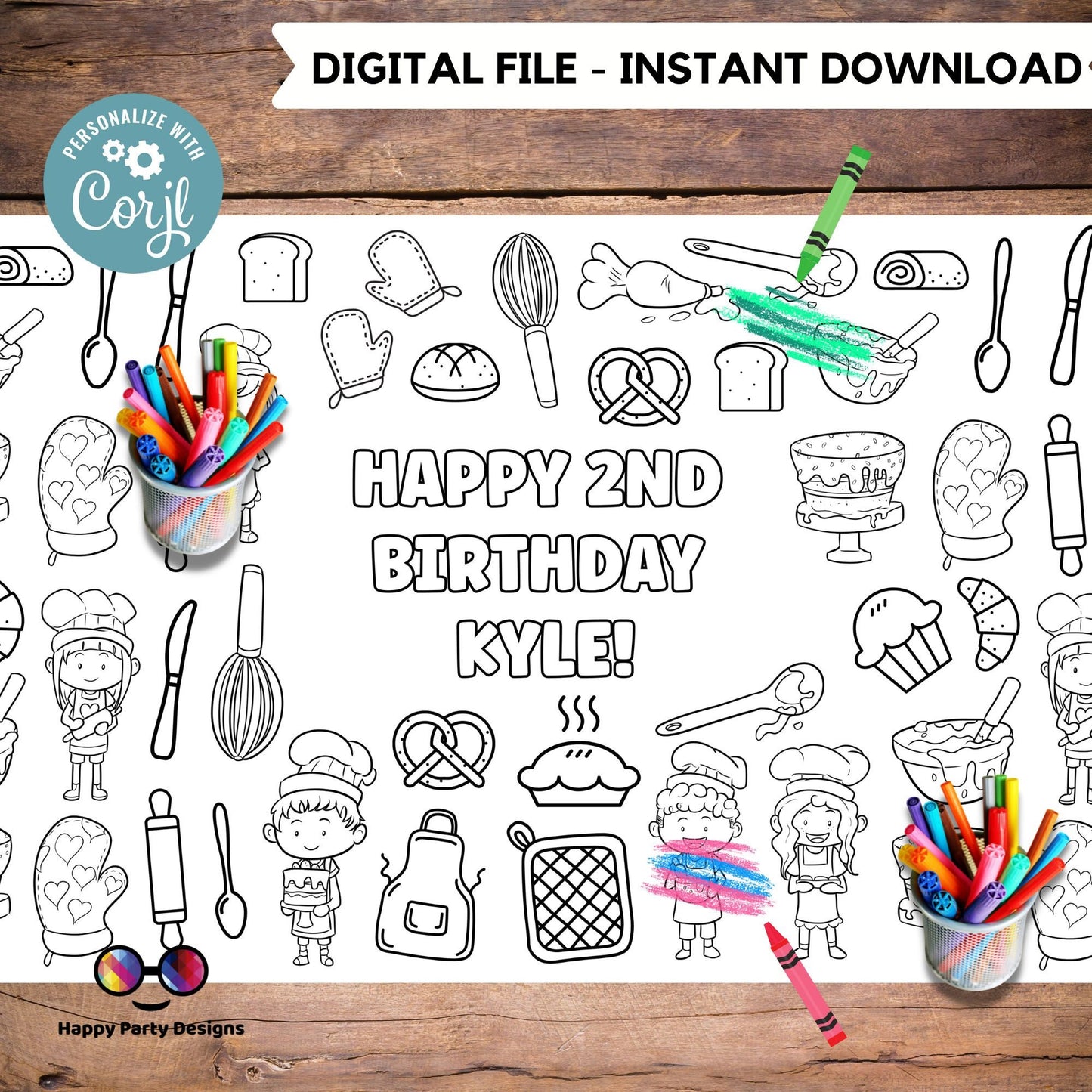 Little bakers XL coloring Table Runner | Editable baking birthday party coloring page | Cupcake party | Cooking table runner | #K137