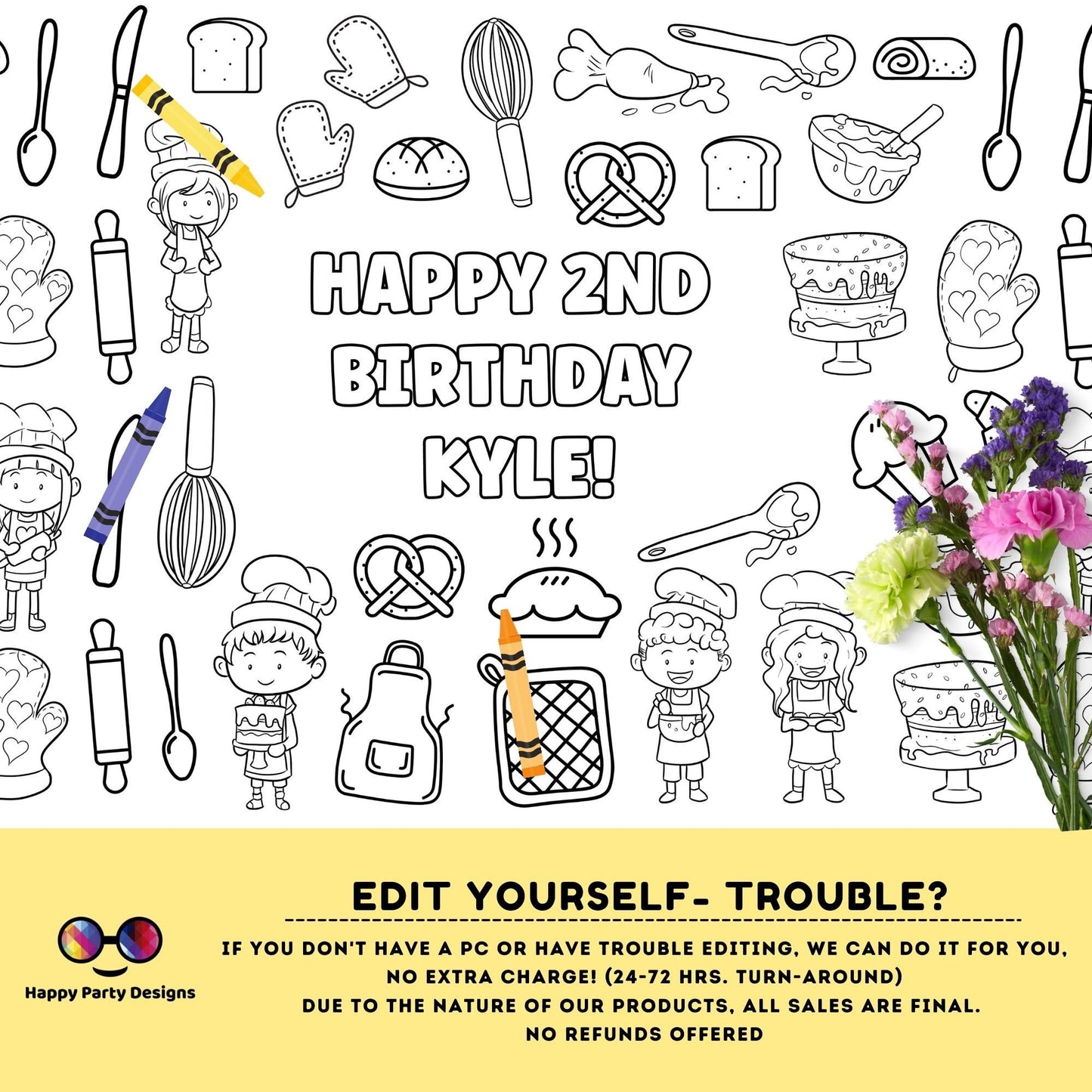 Little bakers XL coloring Table Runner | Editable baking birthday party coloring page | Cupcake party | Cooking table runner | #K137