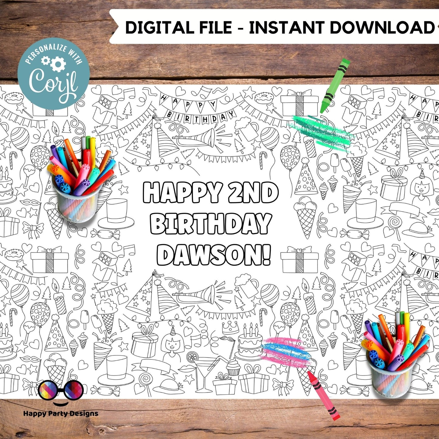 Birthday party XL coloring Table Runner | Editable birthday party coloring page | Happy birthday table runner Party activity for kids #K126