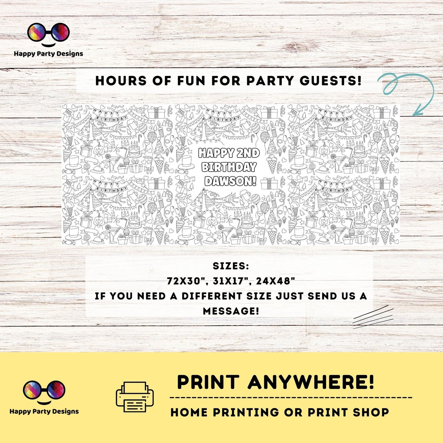 Birthday party XL coloring Table Runner | Editable birthday party coloring page | Happy birthday table runner Party activity for kids #K126