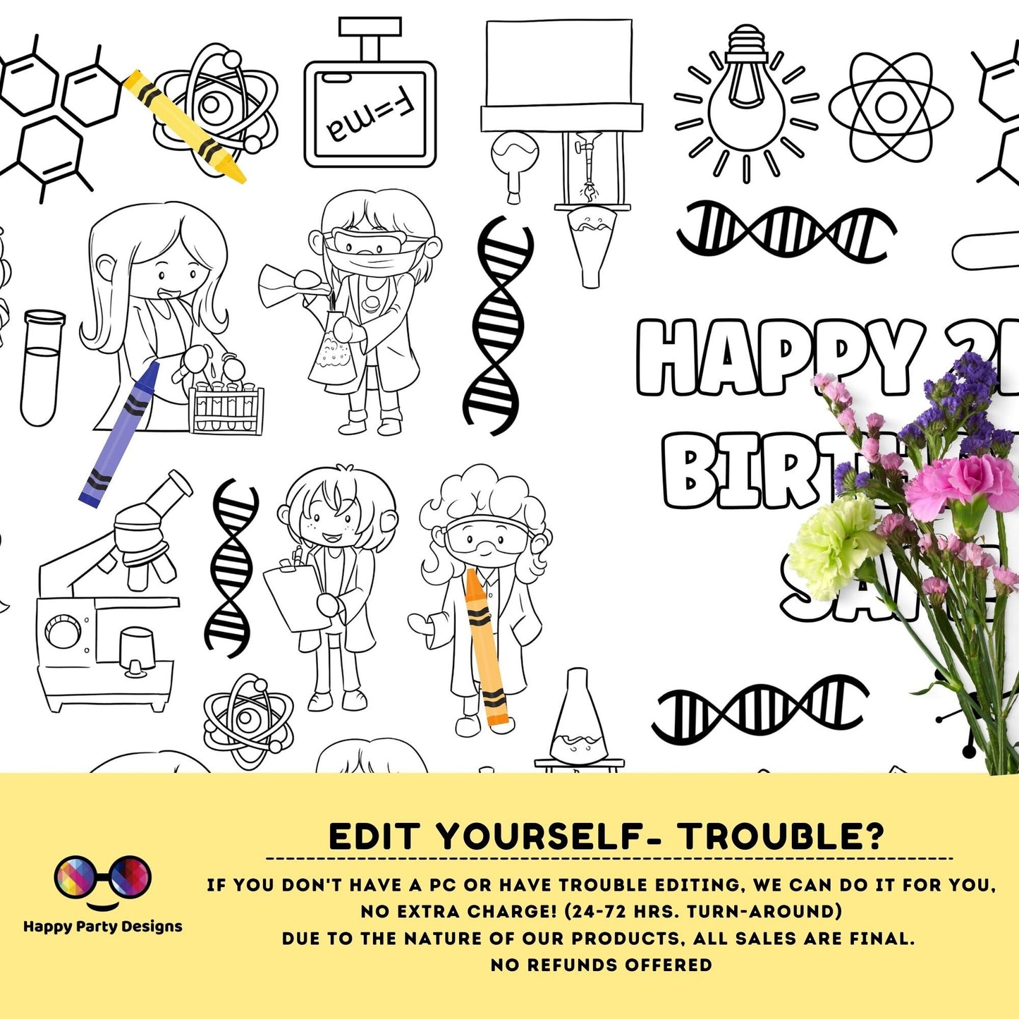 Science birthday party XL coloring page | Editable science birthday party coloring page | Science party | Science party activity