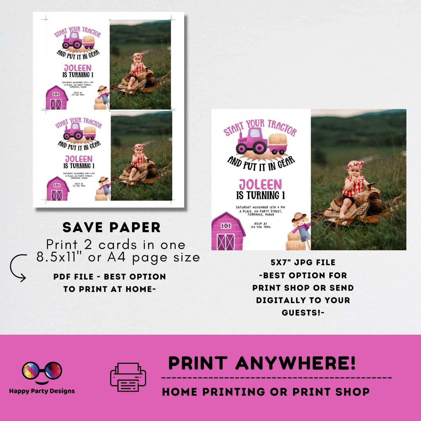 Girl Tractor Birthday Party Invitation | Editable Farm Birthday Invitation Girl with photo | Barnyard | any age | Girl pink Tractor #K242