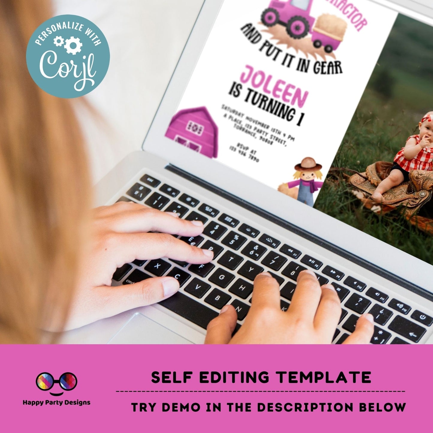 Girl Tractor Birthday Party Invitation | Editable Farm Birthday Invitation Girl with photo | Barnyard | any age | Girl pink Tractor #K242