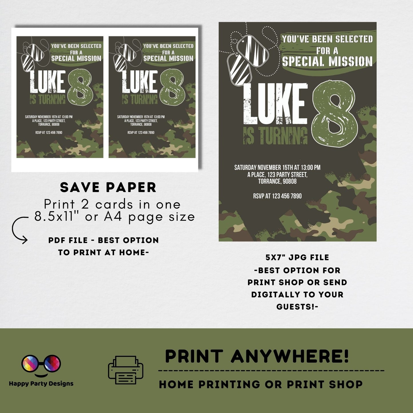 Kids Editable Army birthday invitation | Printable Birthday Army Party Invitations | Any Age | Birthday boy army party | ID Badges #K241