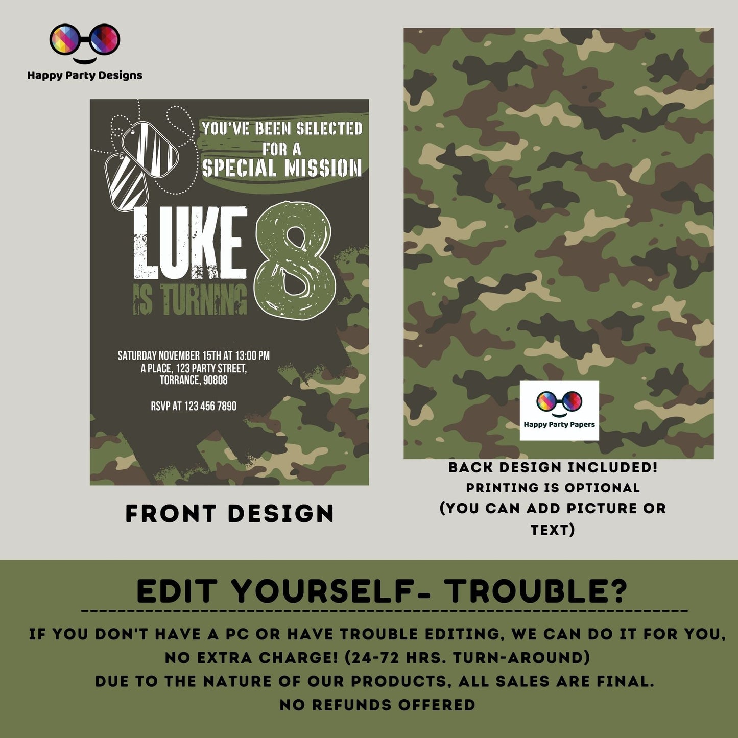 Kids Editable Army birthday invitation | Printable Birthday Army Party Invitations | Any Age | Birthday boy army party | ID Badges #K241